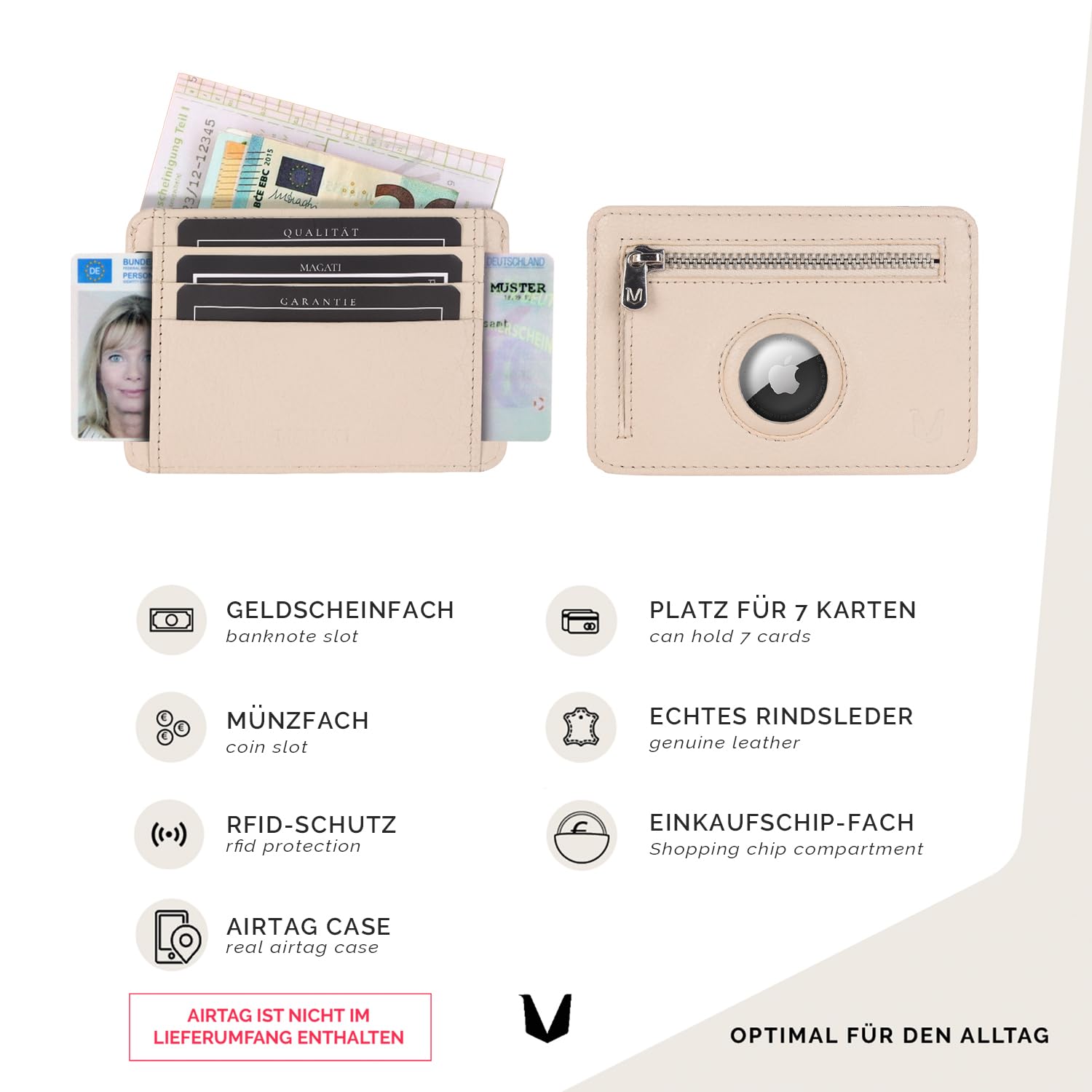 MAGATI CarWally MiniWallet con monedero, protección RFID, mini cartera para hombre y mujer, pequeño, tarjetero, beige, Mini-Wallet, Mini compartimento para monedas y compartimento para el día del aire