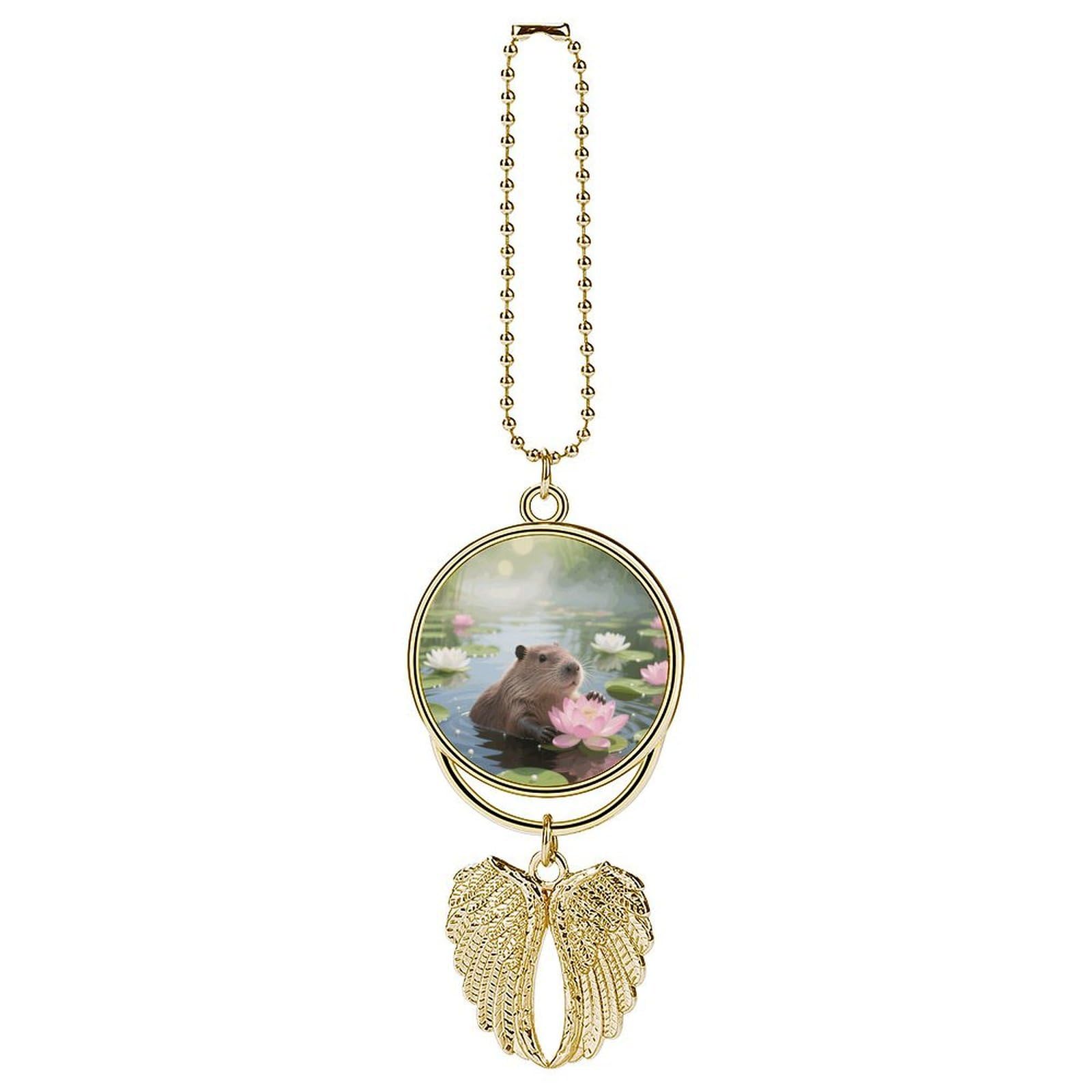 Capybara Guardian Angel Wing Car Ornament for Mirror, Zinc Alloy Hanging Charm with Spiritual Design for Protection, Rearview Mirror Accessory Decor Gift for Women Men(Golden)
