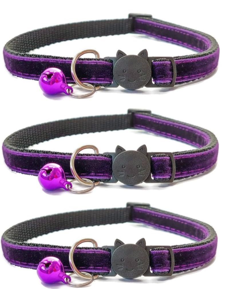 Velvet Cat Collars with Bell. Safe Breakaway Quick Release Buckle. Available in Cat & Kitten Size (Pack of 3) (Kitten Collar (15cm