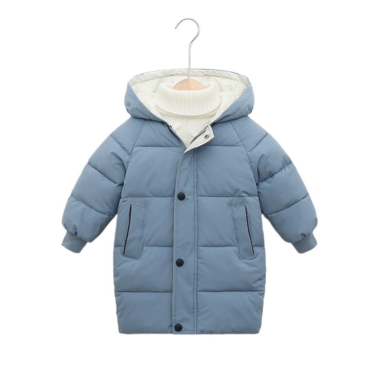 2-12Y Kids Down Long Outerwear Winter Coat - Teen Boys Girls Cotton-Padded Parka, Thick Warm Cotton Jackets with Hood(SKY BLUE,7T(Size 140))