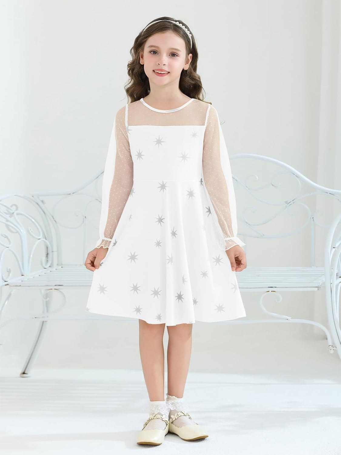 Haloumoning Girls Contrast Mesh Long Sleeve High Waist A Line Short Dress with Pockets 4-14 Years - Image 2