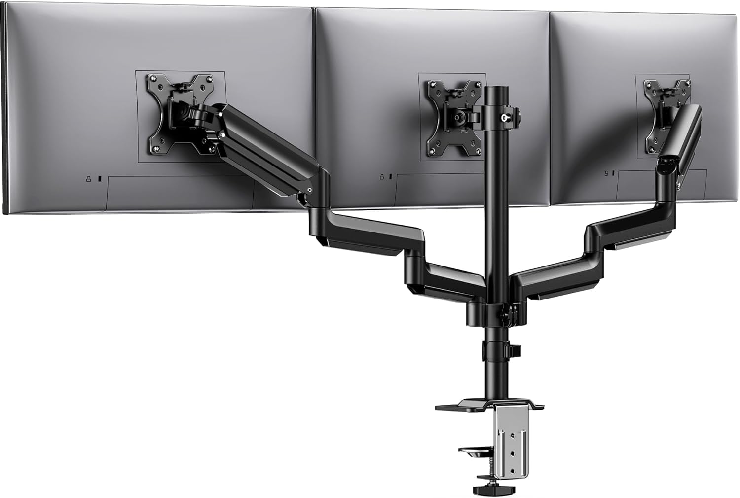 HUANUO Triple Monitor Mount for 13-27 inch Computer Screens, 3 Monitor Desk Mount with Arm Holds 8kg, Triple Monitors Stand with Tilt, Swivel, Rotation, VESA 75x75, 100x100mm Gaming