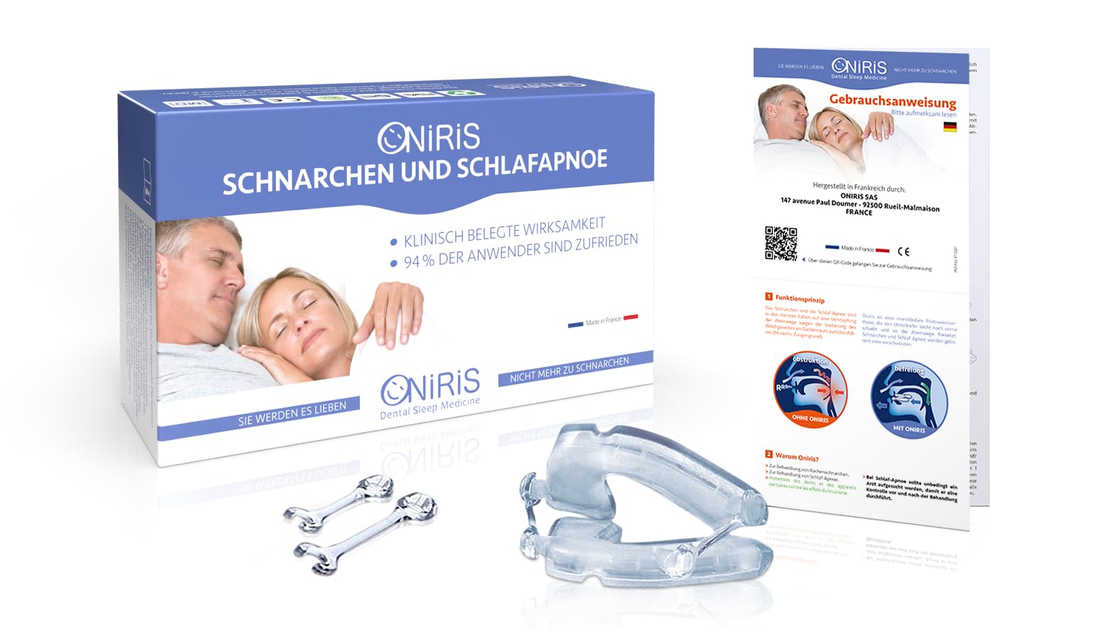 ONIRIS - Orthese gegen Schnarchen - klinisch validiert für Schlafapnoe - Made in France - Zahnschiene - Orthese zur Vorverlagerung des Unterkiefers - wirkt auf die Ursachen schlechten Schlafs ein