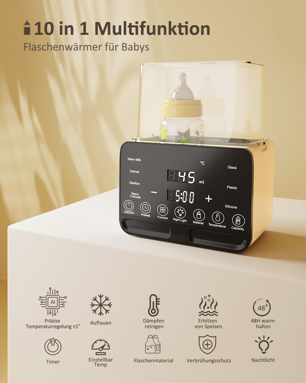 CkeyiN 10 in 1 Babyflaschenwärmer mit LED-Display & Temperaturregelung, Schwarz