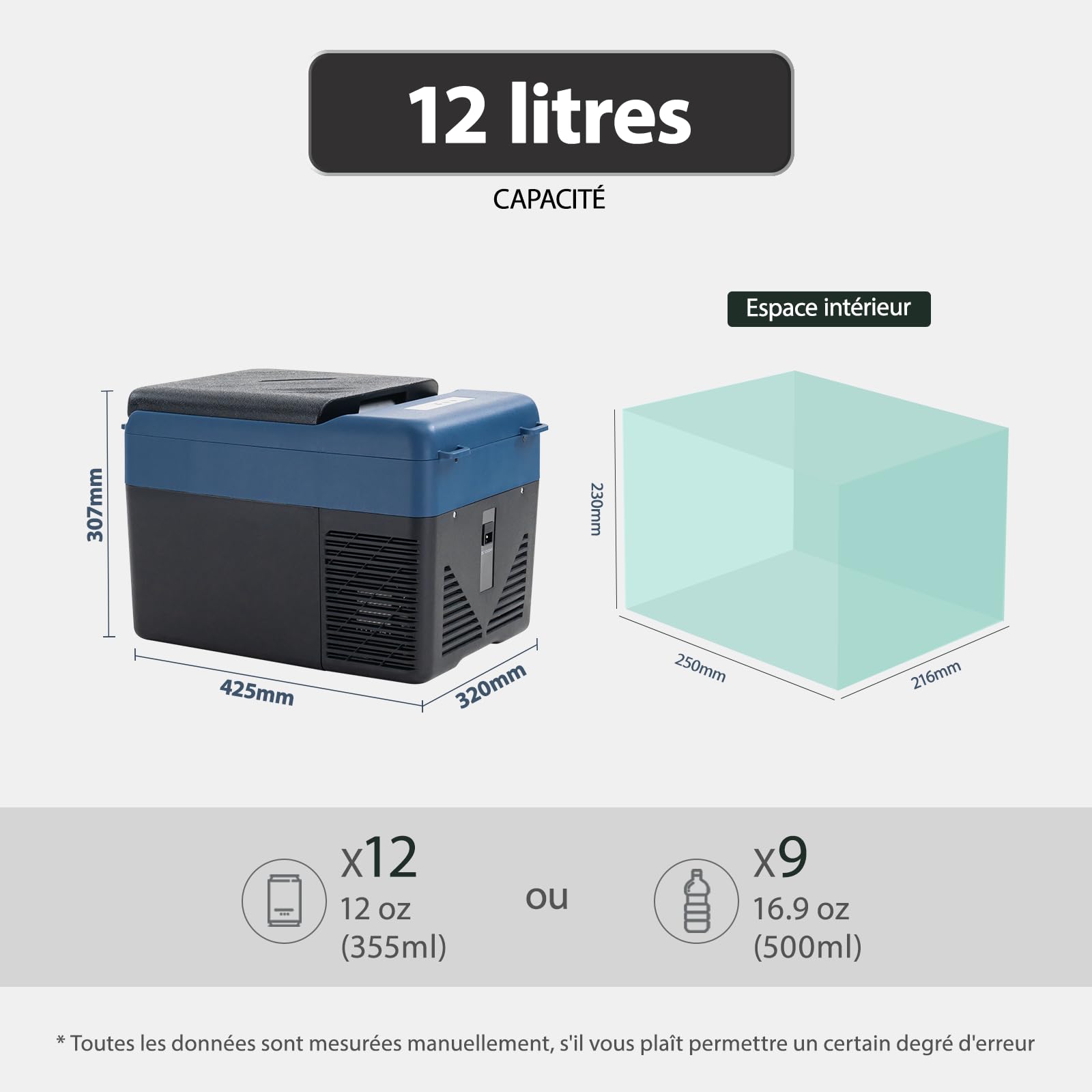 KI12 12L Glacière Electrique Voiture, Portable à Compression Réfrigérateur de Voiture,12/24V Mini Frigo pour Maison, pour dortoir, Camping ou Pique-Nique en Plein Air, 20 à 20℃