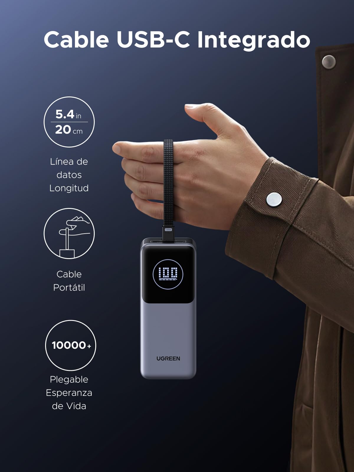 UGREEN Nexode Pro 130W Power Bank 20000mAh Batería Externa Carga Rápida | 3 EN 1, Cable USB C Integrado PD 100W, 2 Puertos 1C1A, Cargador Portátil PC, Compatible con iPhone 17 16 Galaxy S26 S25 iPad