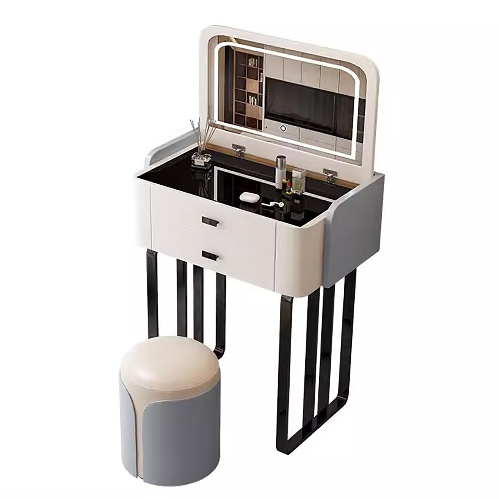 asdchZen Dimmable Lighted Makeup Vanity Desk Set With Mirror Gray Dressing Table & Cushioned Stool 3-Color Options-Ideal For Home Or Salon Use Stylish & Functional