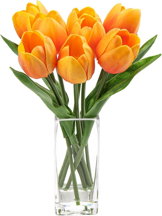 Briful Fake Flowers Artificial Tulip Flower Orange in Clear