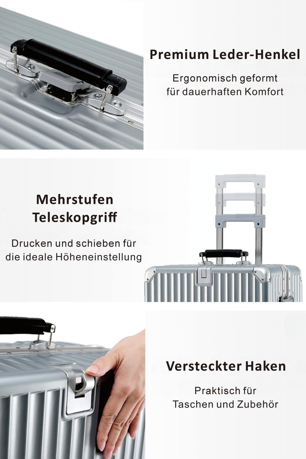 Aoliwei Aluminium-Rahmen Koffer Extra Großer XL (80cm) – Premium Hartschalen-Trolley für Reisen ab 13 Tagen, mit braunem Echtleder-Griff, TSA-Schloss & & 360° Silent-Doppelrollen, Silber