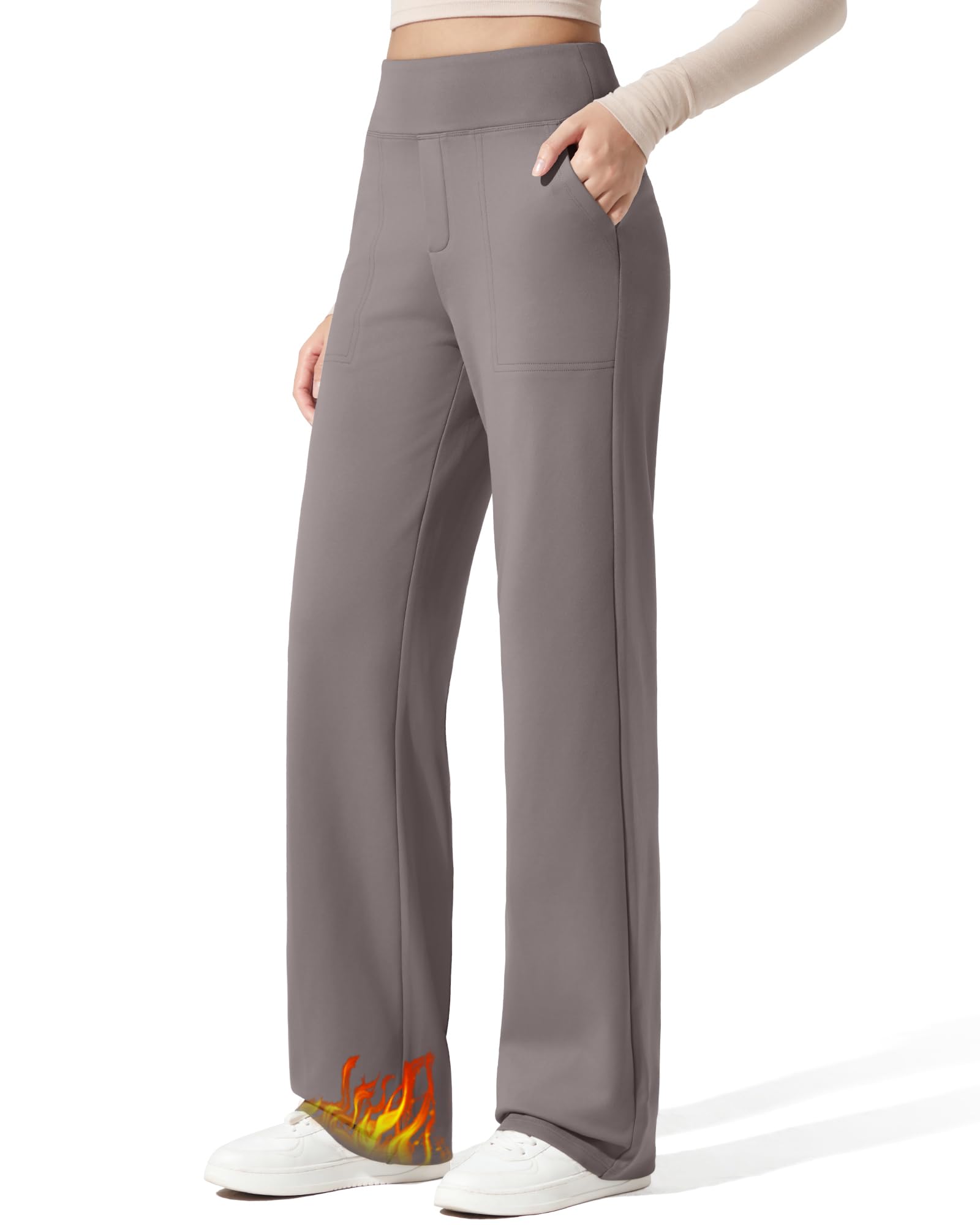 Women Fleece Lined Pants with Pockets Wide Leg Winter Thermal Work Trousers Dressy Casual Petite/Regular/Tall, Taupe, Large-image-18