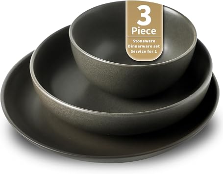 3 Piece Dinnerware Set, Stoneware Plate and Bowl Set, Ceramic Serveware Set, Scratch Resistant, Dishwasher & Microwave Safe, Matte Black
