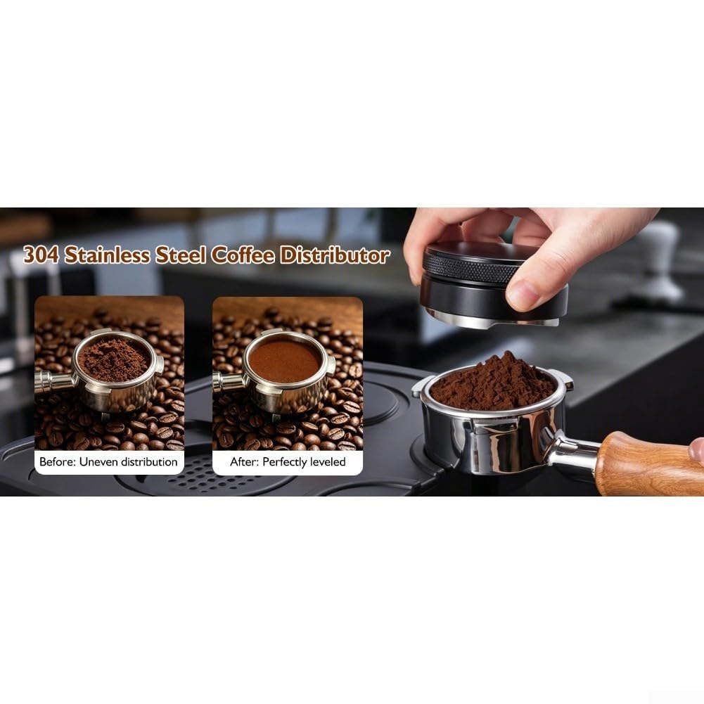 Kit para barista 53mm con Tamper y Distribuidor - Juego para accesorios Café para espresso para acero Inoxidable para madera para Hogar Cafetería