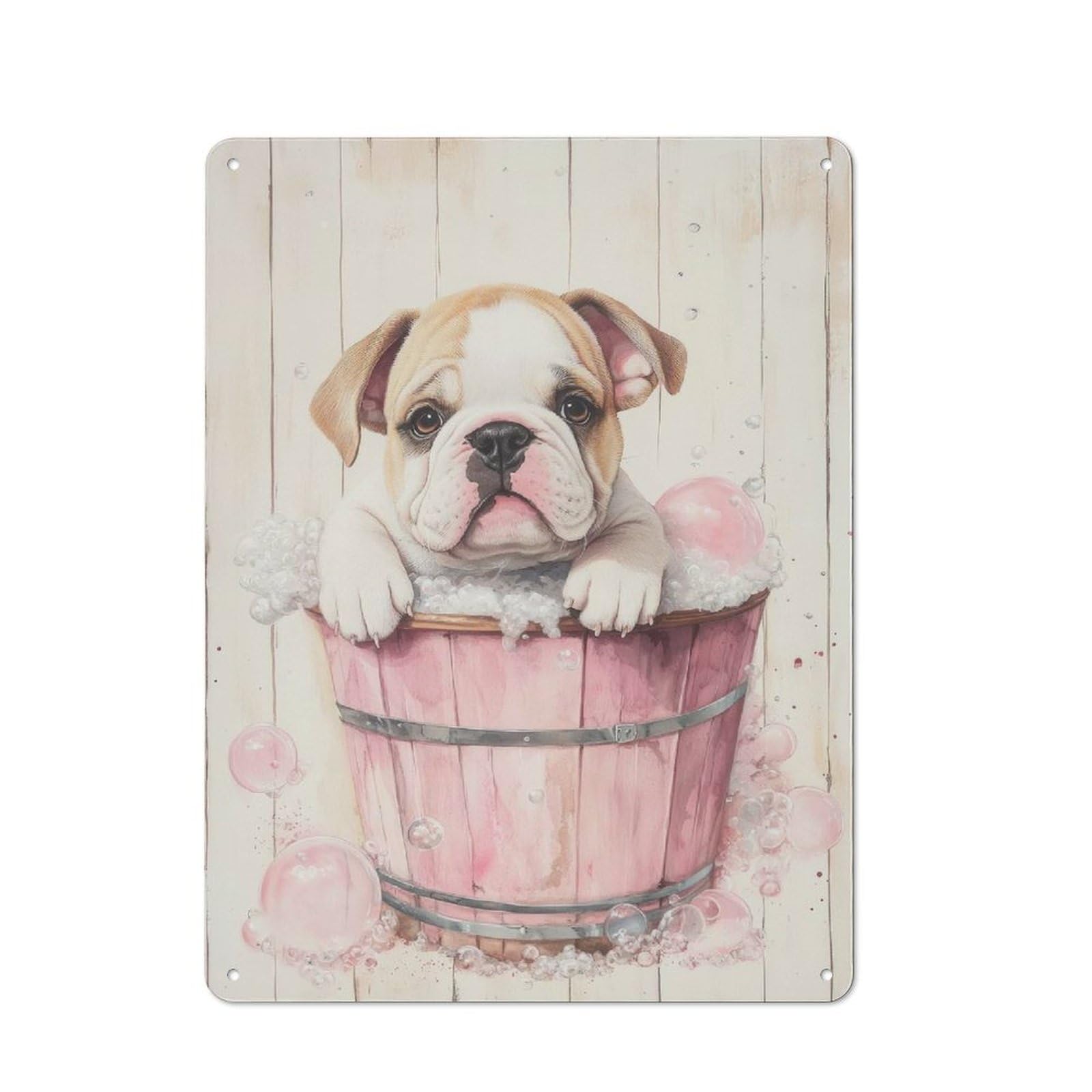Junmoney Bulldog Puppy In Pink Tub Cottage Style Metal Wall Decor 40X30cm, Farmhouse Metal Sign For Dining Room, Cafe, Entryway Or Family Room