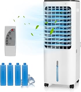 KOTEK 4 in 1 Evaporative Air Cooler W/Fan, Humidifier, Purifier, Cooling, Portable Cooler Fan W/ 4 Modes, 3 Speeds, 120° Oscillation, 0-7.5H Timer, 12L Watertank, Remote Control, 4 Icebox