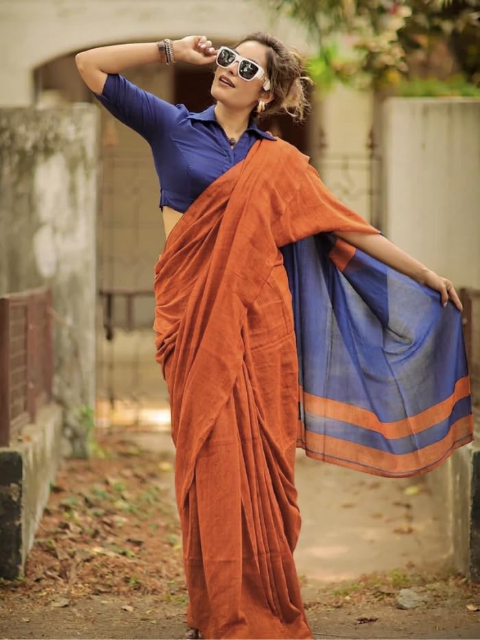 Image of Women's Cotton Woven Soft Sarees With Attach Blouse Piece.