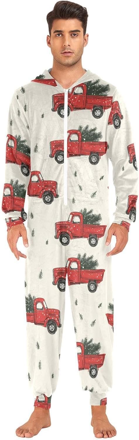 ZZKKO Red Truck Christmas Tree Adult Onesie Pajamas for Women Men Cozy One Piece Pajamas Costume Zip-Up Hooded S-XL