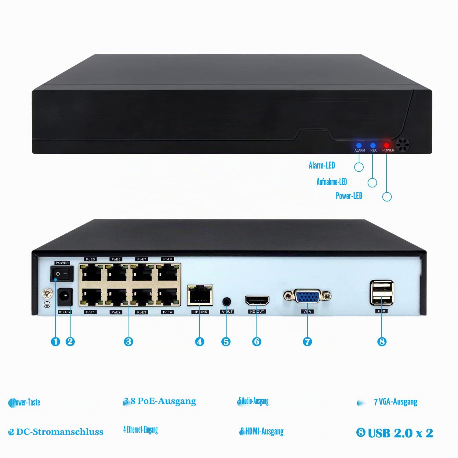 8CH PoE NVR, POE Netzwerk-Videorekorder (HD 1080P/3MP/4MP/5MP) für Überwachungssysteme, 8 Kanal Power Over Ethernet für IP-Kameras, ohne Festplatte (POE4008ES)