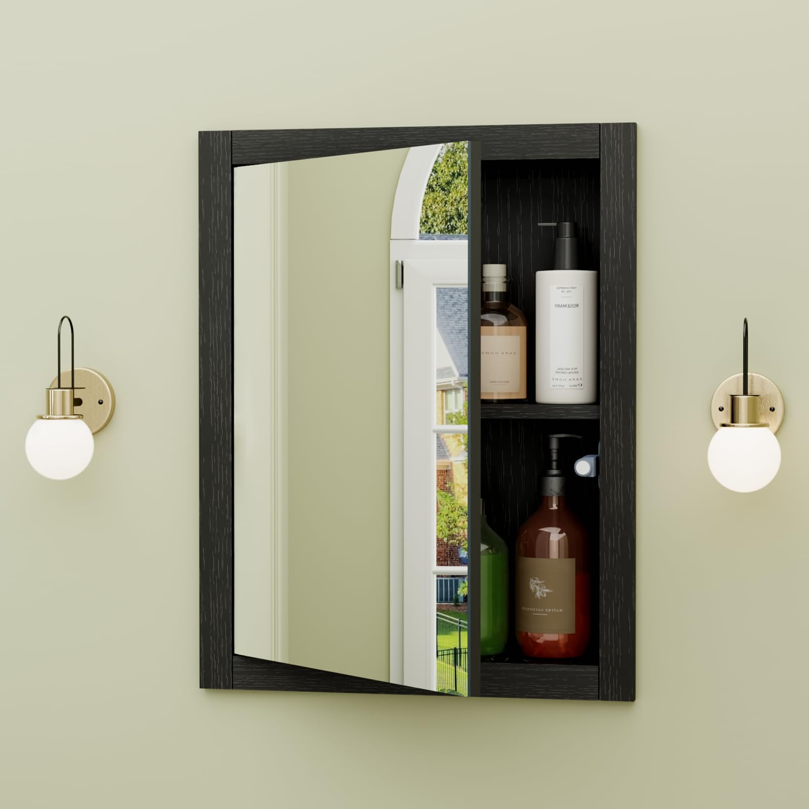 Photo 1 of HAIDAIYA 14'' * 18'' Recessed Medicine Cabinet with Mirror, 2-Tier Bathroom Wall Niche Wood Insert for Drywall, in Wall Shelf Medicine Cabinets Replacement, for Living Room, Bathroom Storage, Black