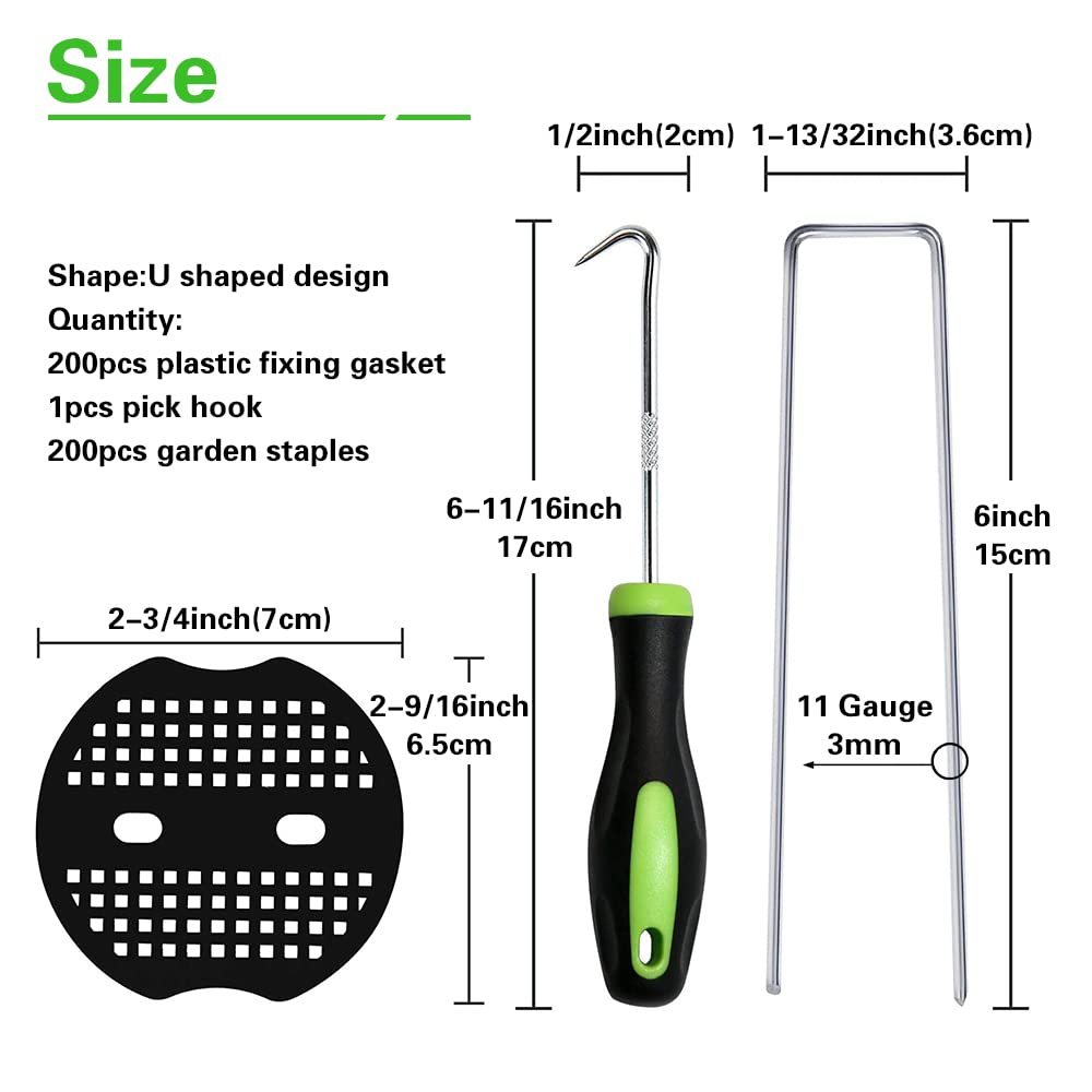 Bakulyor 200 śledzi membranowych zwalczających chwasty + 200 podkładek buforowych, 150 mm śledzie do maty chwastów, metalowe zszywki ogrodowe do krajobrazu sztucznej trawy, okrywowa podłoże tkanina