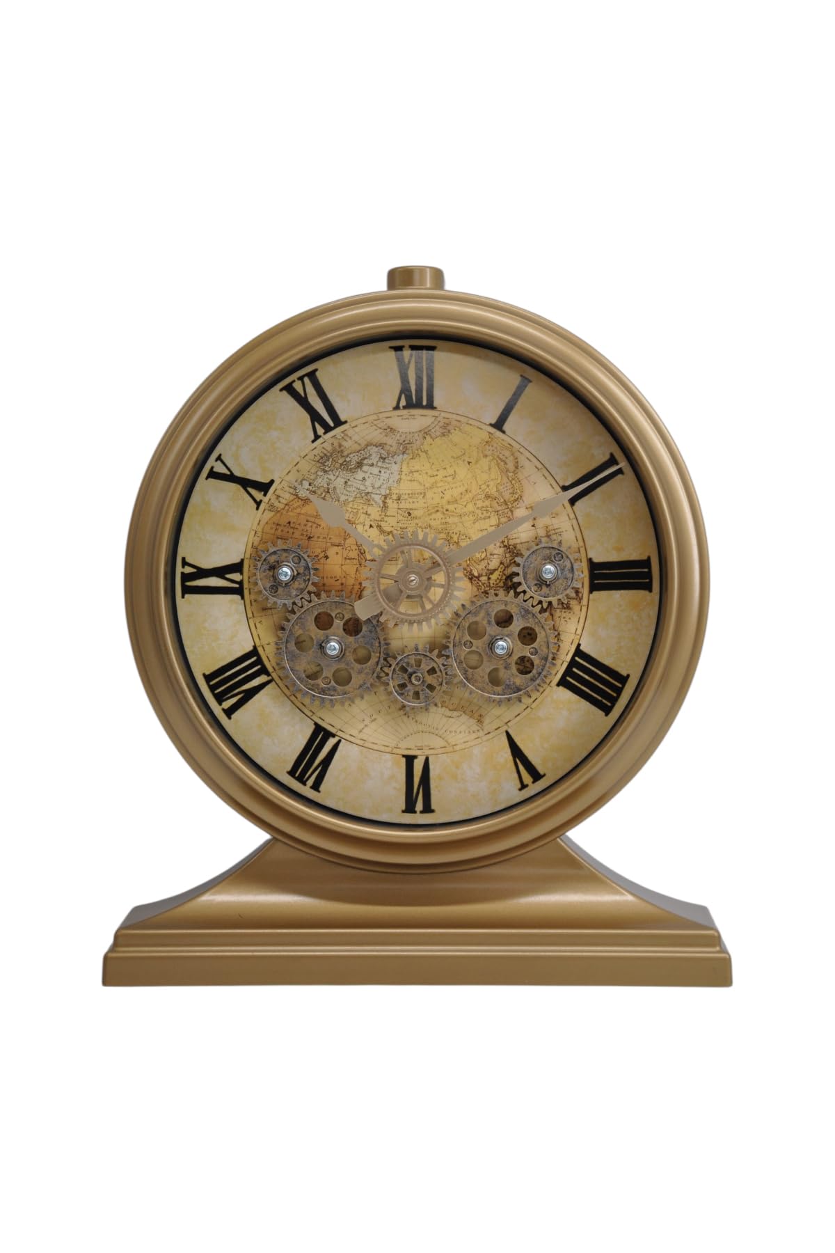 Premium Serisi Modern Kadranlı Döner Çarklı 32x28 CM Ev ve Ofis Masa ve Duvar Saati Roma Rakamlı Harita Baskılı Gold