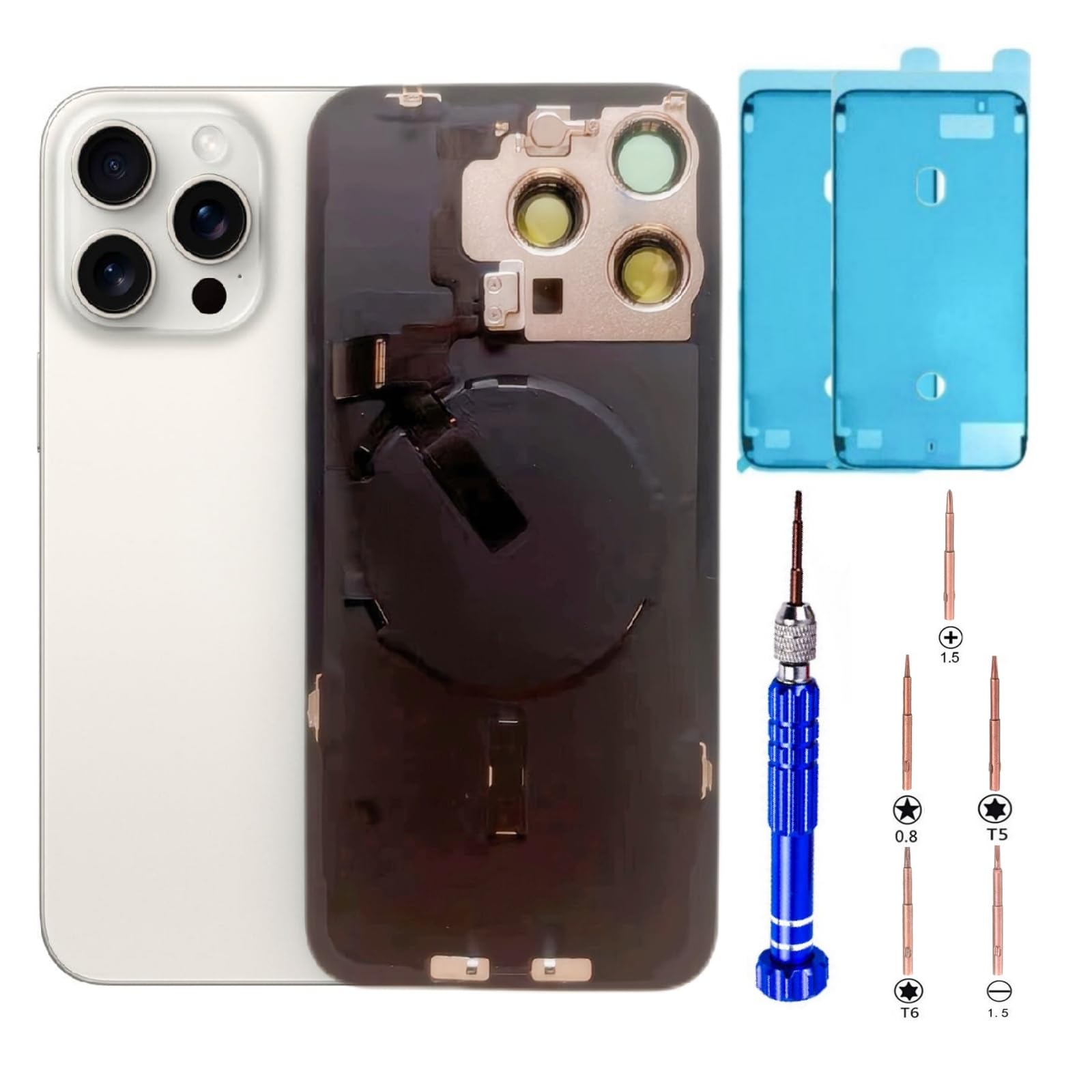 Photo 1 of 15 Pro Max Back Glass Replacement Kit with Plate & Flex Cable and All Parts, White Titanium, 6.7 Inch for iPhone 15Pro Max Back Cover Glass, with Repair Tools (White Titanium)
