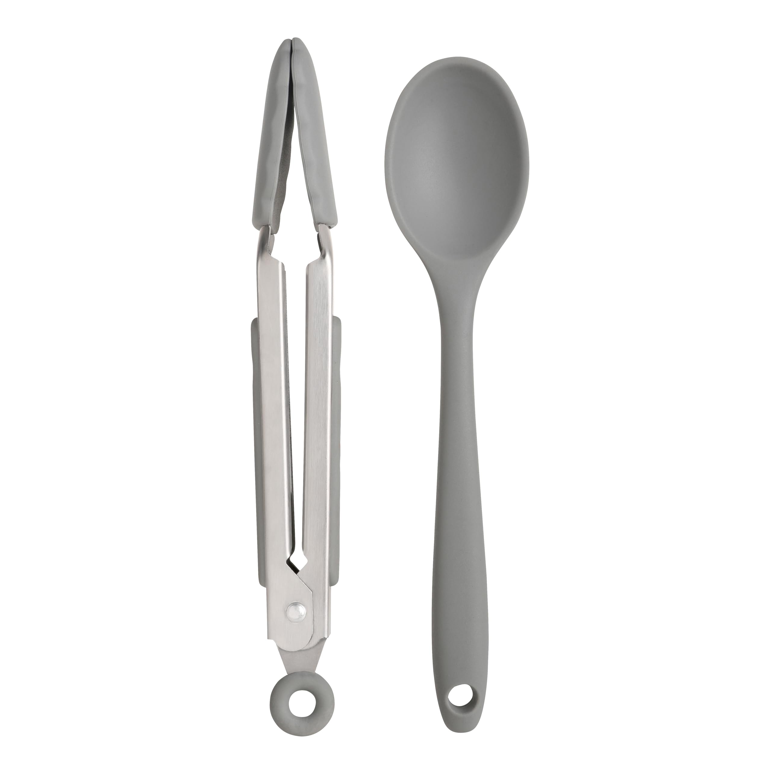 Wiltshire Silicone Mini Kitchen Tongs & Serving Spoon, Set of 2, Cooking Spoon & Serving Tongs, Salad BBQ Tongs Stainless Steel, Heat-Resistant Utensil, Non-Stick, Non-Scratch, Pebble Grey