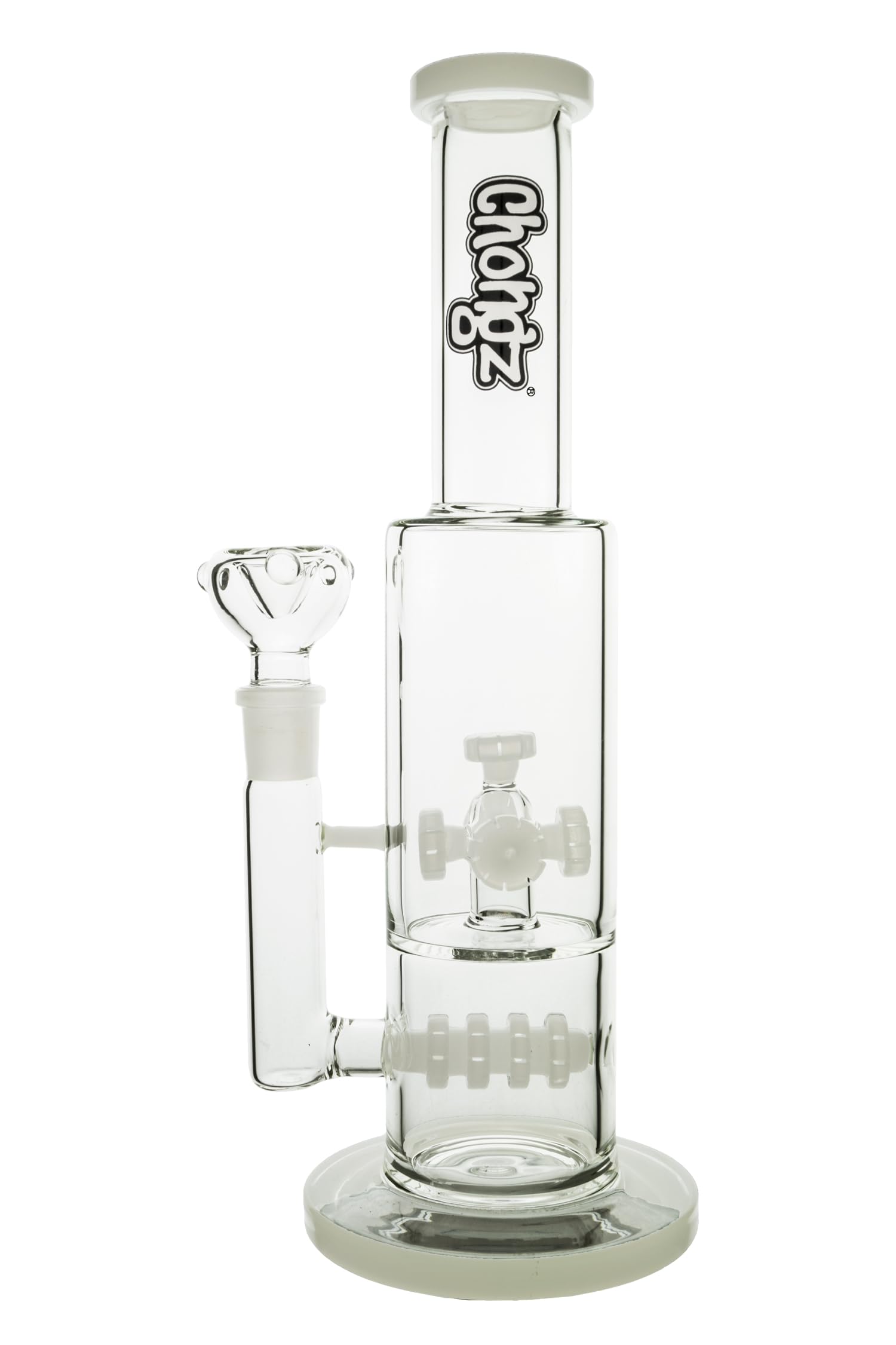CHONGZGlass 32cm Pulsar Percolator waterpipe bong with white accents, manufactured from 5 mm thick borosilicate glass, permanent Brand logo, 5 x White Showerhead Percolators