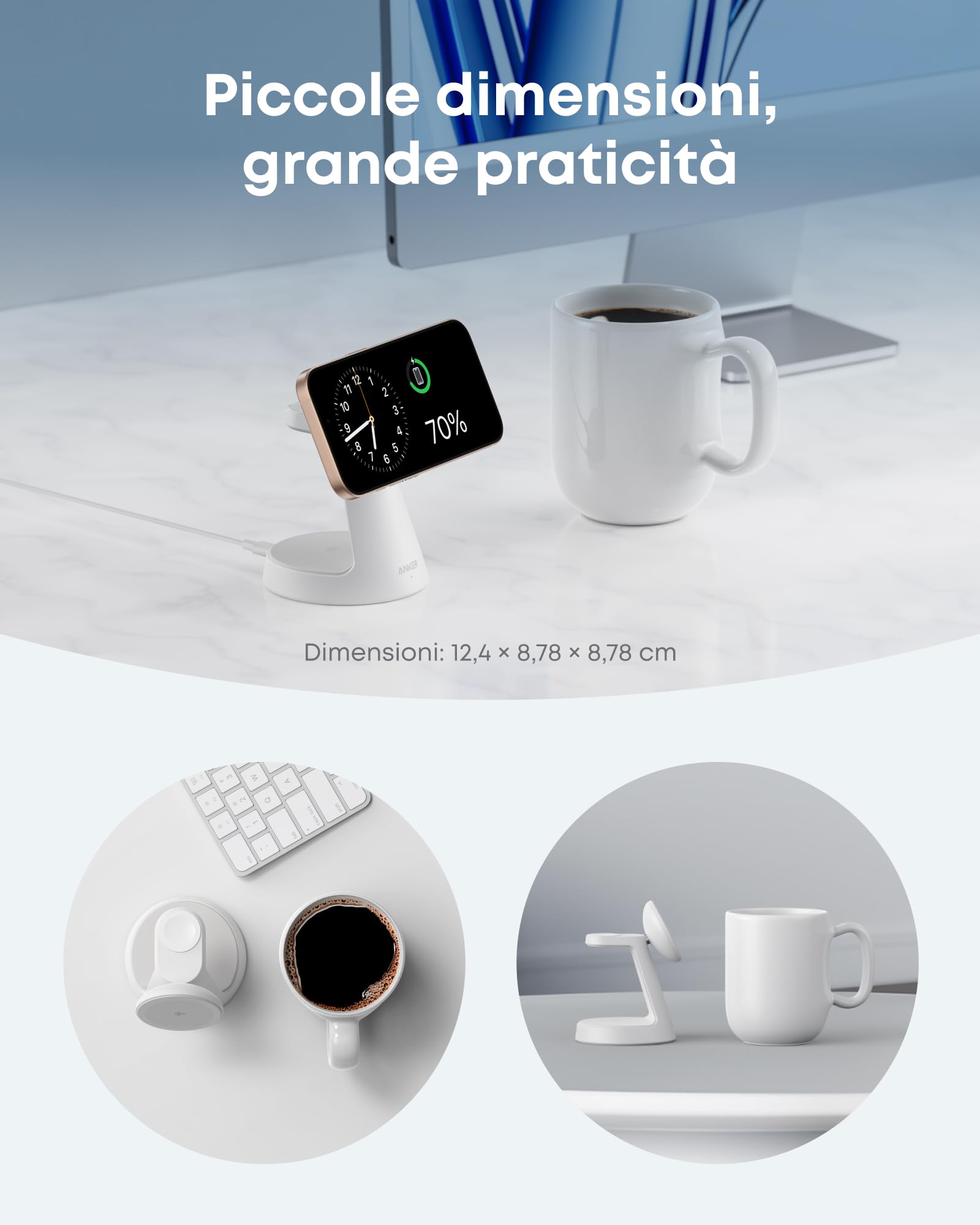 Anker MagGo Caricatore Wireless iPhone Magnetico 15W (Dock Stand), Caricatore Compatibile con MagSafe 3 in 1 Certificato Qi2, per iPhone 17/16/15, Apple Watch, AirPods Pro e altro (Adattatore Incluso)