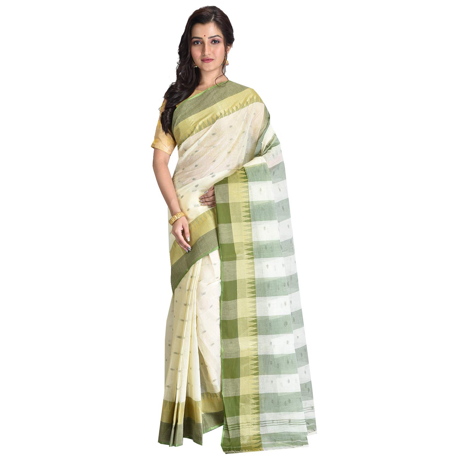 raj sarees Women's Traditional Pure Cotton Bengali Handloom Tant Saree - Without Blouse Piece(RSH-609-01 /Off-White & Red)-picture-20