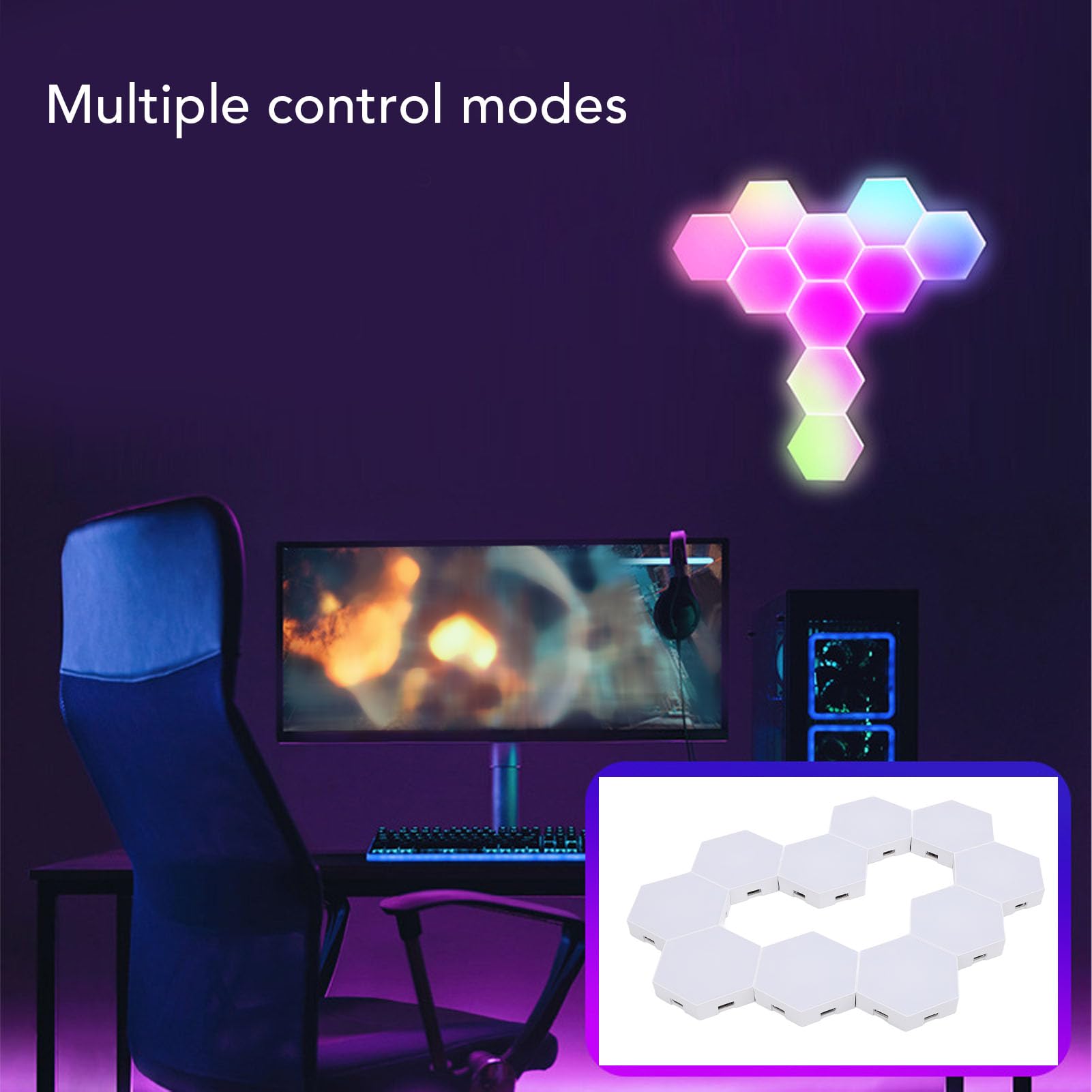Bnineteenteam Paneles de Luz Hexagonales, 10 Juegos de Luces LED Hexagonales RGB Montadas en la Pared Método de Control Triple Panel de Luz Hexagonal para Juegos Cool Music Sync APP Control
