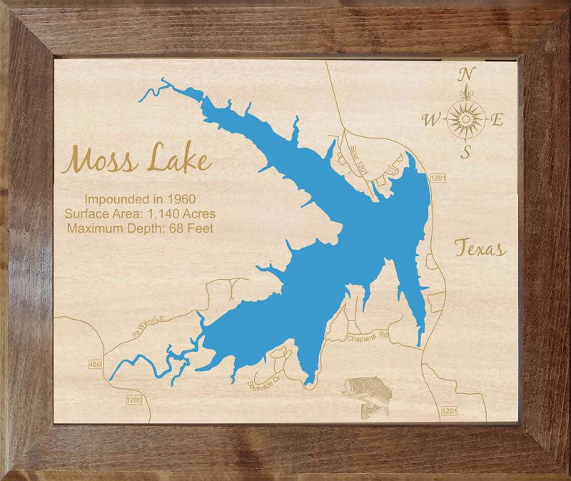 Moss Lake, Texas Framed Wood Laser Engraved Map Custom