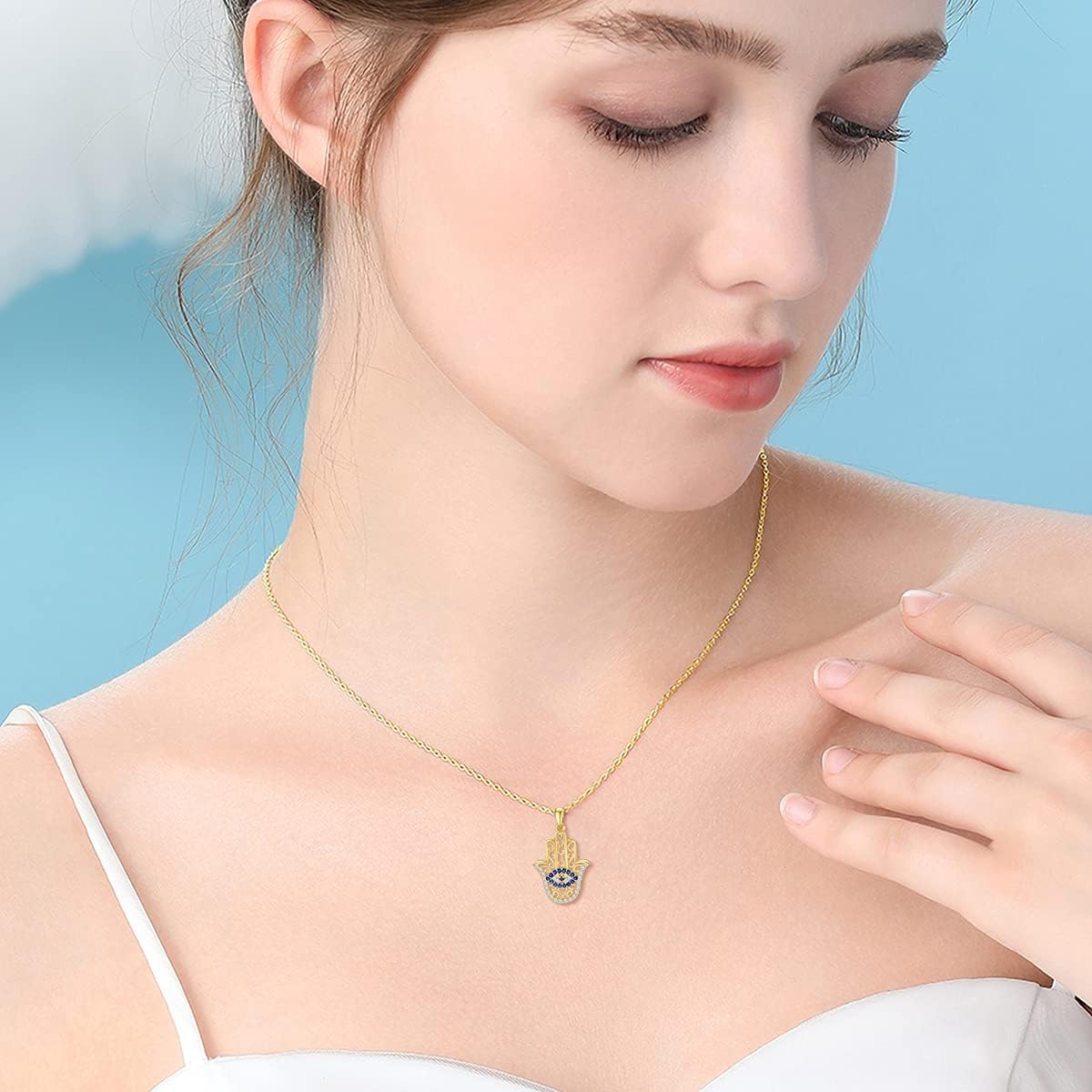 SISGEM Solid 14K Gold Evil Eye Necklace, Real Gold Fatima Hamsa Hand Charm Pendant Necklace Fine Jewelry Anniversary Birthday Gifts for Her, Wife, Mom, Girlfriend,16''+2'' - Image 2