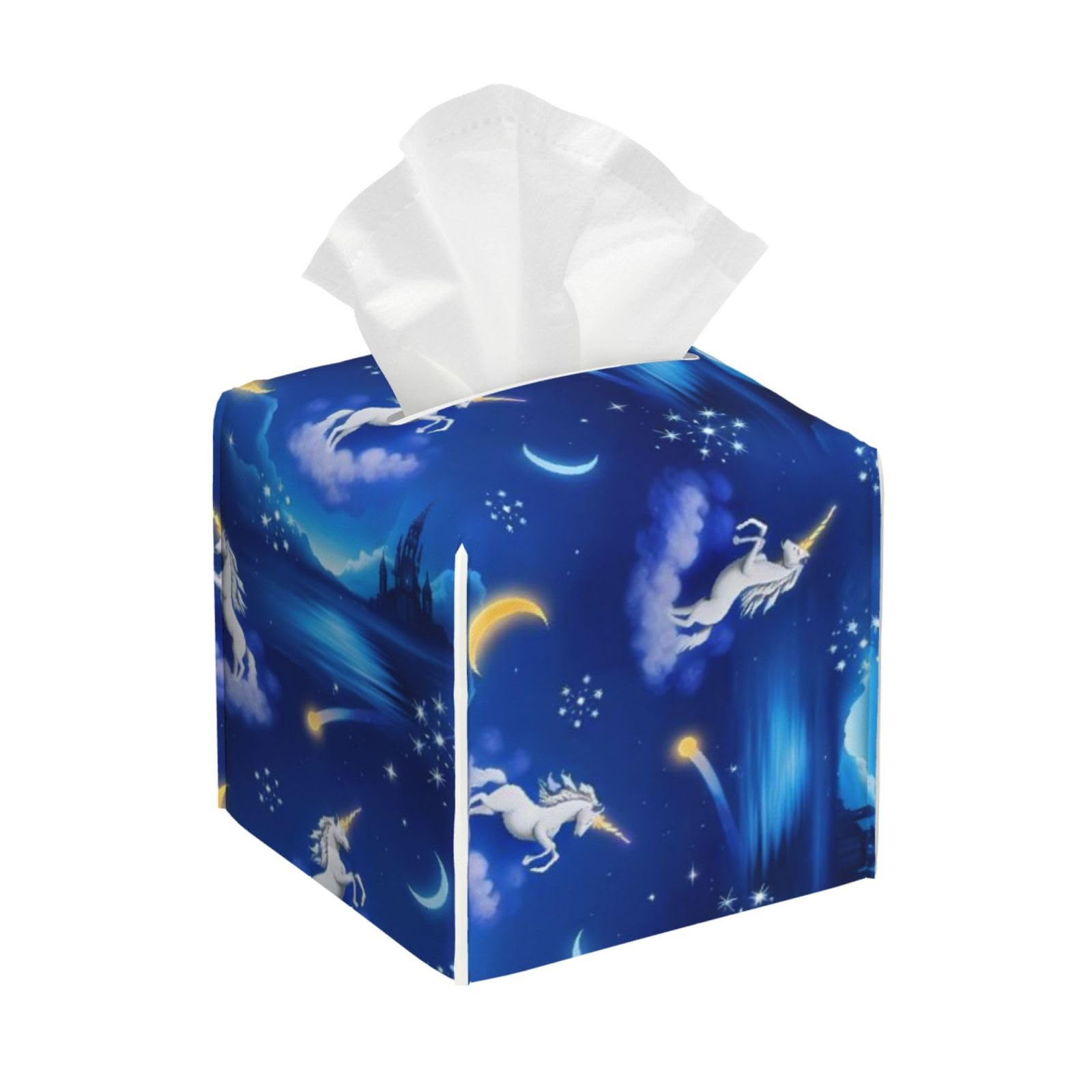 Moon Unicorns Leather Tissue Box Cover Holder Square Facial Paper Organizer 5.2" X 5.2" X 5.2"