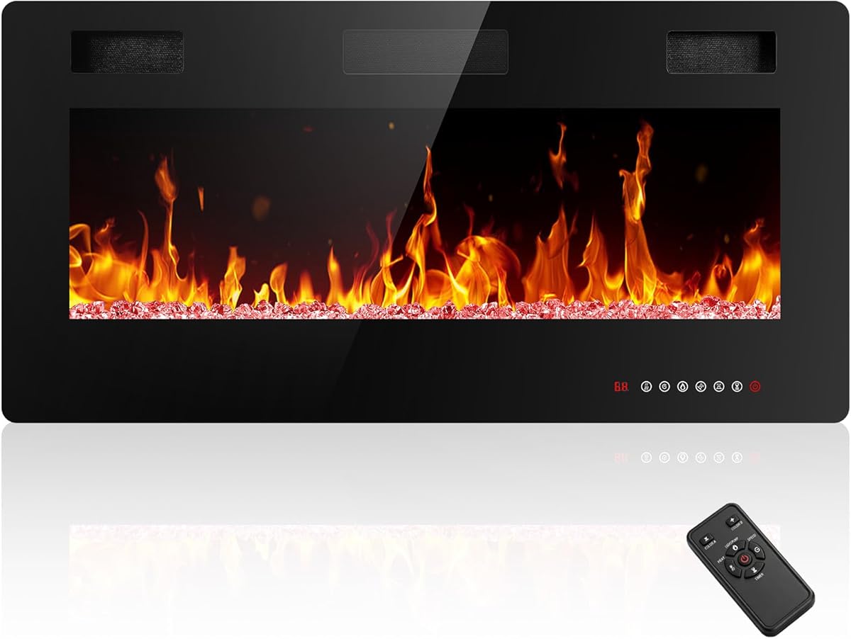 Electric Fireplace 36 inch, Recessed and Wall Mounted Electric Fireplace with Remote Control, Fireplace Heater, Linear Fireplace with Timer, Adjustable Flame Color, 750w/1500w, Black
