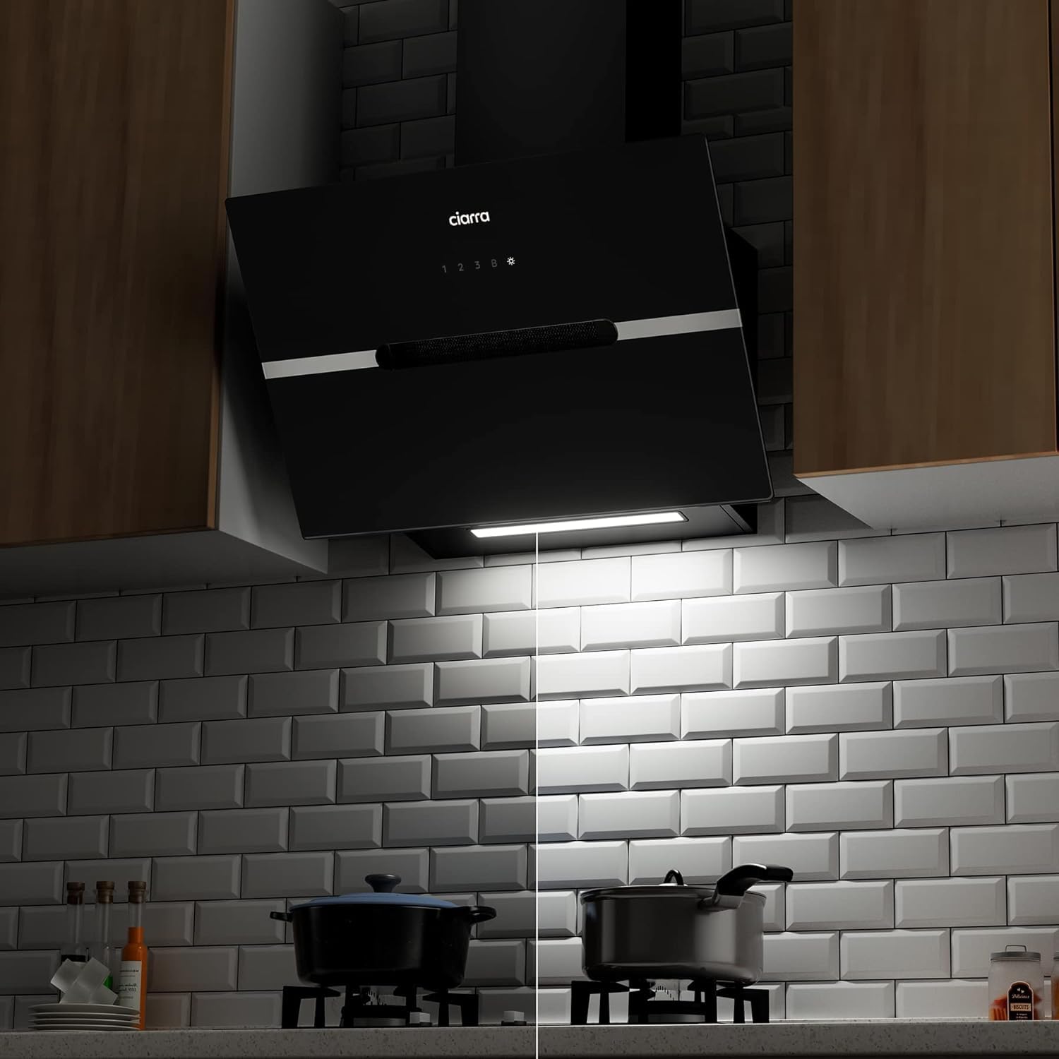 CIARRA CBCB6736F Cappa Aspirante Decorativa 60 cm, Classe A+++ Inclinata, 650m³/h Controllo touch 4 livelli con Filtro Carbone CBCF003 Riciclaggio Evacuazione Cappa Decorativa Nero