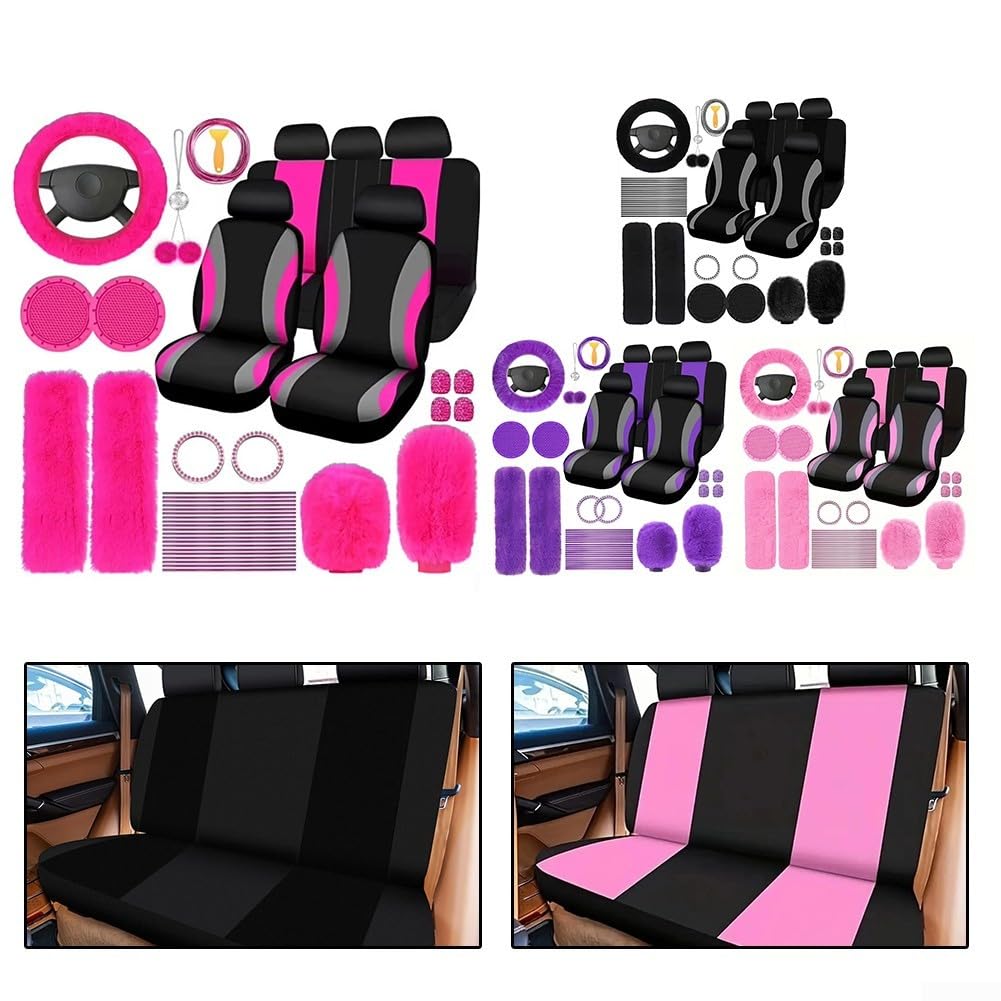Set di accessori per interni auto in peluche con coprivolante, freno a mano e rivestimento del cambio, coprisedili in finta lana, design rosa rosso e nero, 45 pezzi (rosa)
