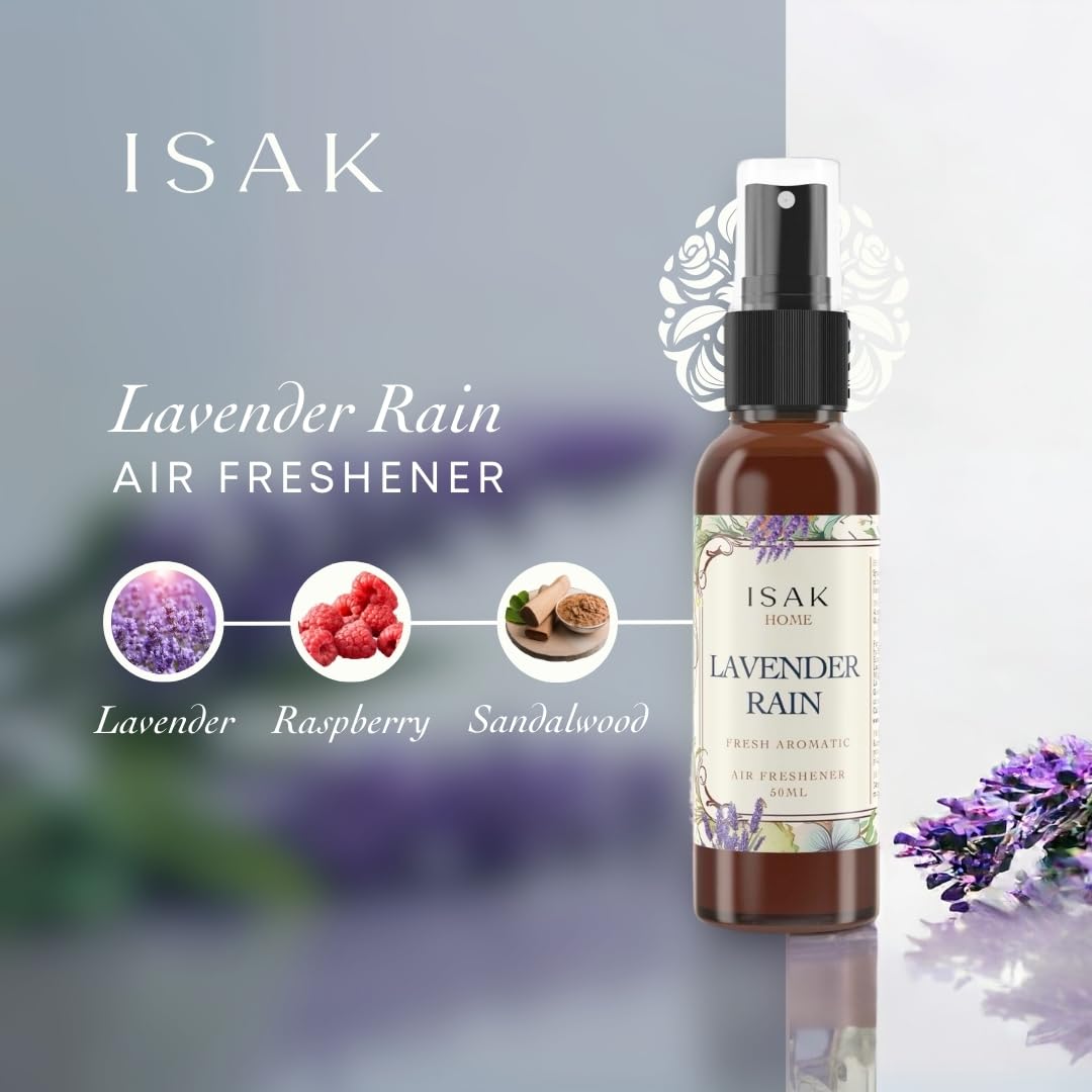 ISAK Lavender Rain Air Freshener Room Spray for Home Spray for Good Smell of Fresh Lavender Farms & Morning Rains, Enhance Mood, Scented Air Freshener used on Curtains, Cushions, Fabric Wall - 50 ml