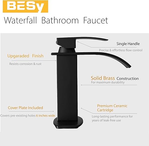 Miniatura 7 de BESy - Grifo de baño con boquilla de cascada, color negro, de una sola llave, grifo de lavabo para Rv con placa de cubierta, latón, negro mate, 1 o