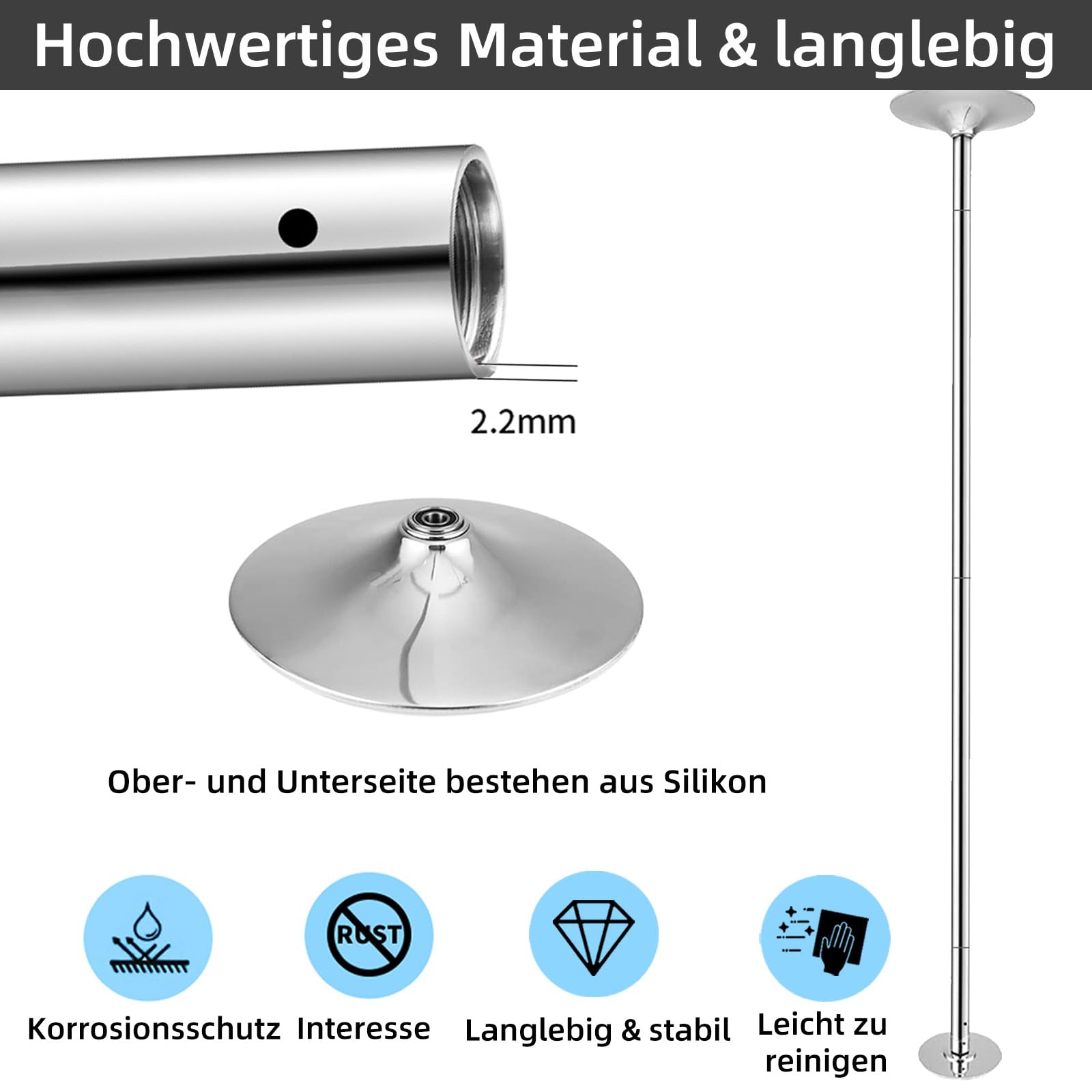 PRIOR FITNESS Professionelle Tanzstange, 45mm Poledance Set, Höhenverstellbar, Robust, Drehbar & Abnehmbar, Tragbar, CE-Zertifikat, Silber – Für Heim, Wohnung, Studio, Party & Fitness