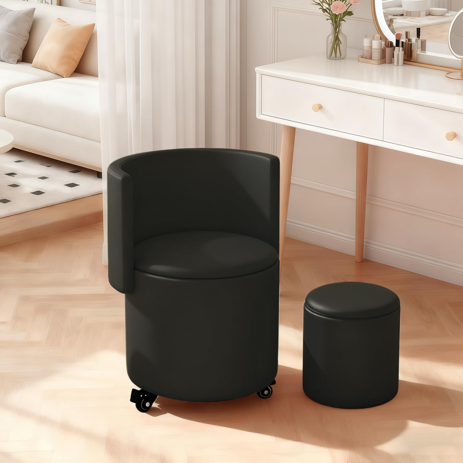 Otomano Redondo de Almacenamiento, Taburete con Almacenamiento Y Reposapiés Plegable para Sala de Maquillaje, Sala de Estar, Dormitorio