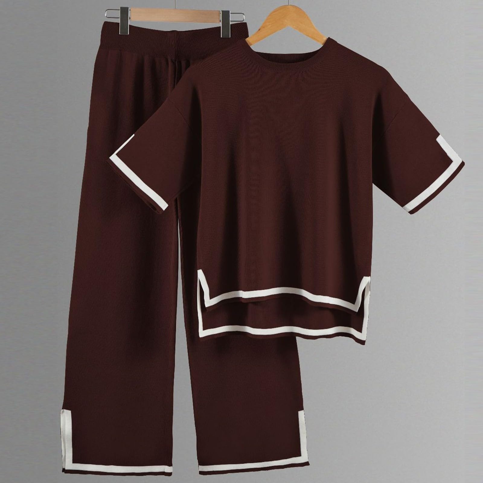Completo Pantaloni Donna con Top Estivo in Maglia Casual Design a Blocchi e Spacchi Laterali per Uso Quotidiano