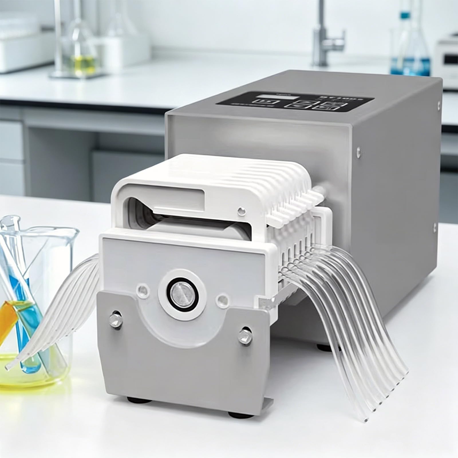 Bomba peristáltica de 8 canales, velocidad variable 0.1-150 rpm, caudal 0.0025-48 ml/min, ideal para dosificación de líquidos de laboratorio y aplicaciones de precisión