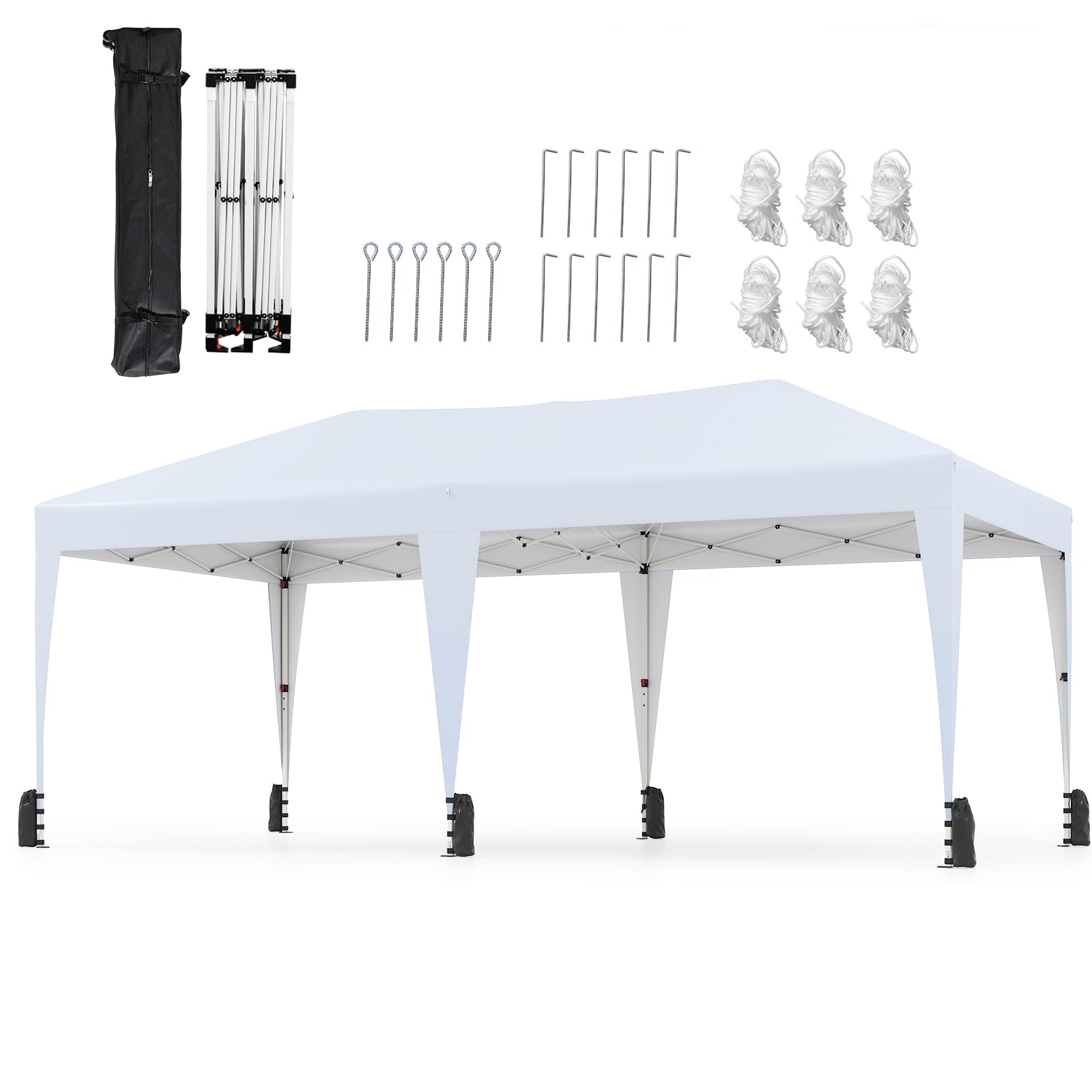 TANGZON 3 x 6M Pop-up Canopy Tent, 3-Level Height Adjustable Gazebo with Carry Bag, 6 Wine Ropes & 12 Ground Stakes, Heavy-Duty Waterproof Sunshade Shelter (White, 590 x 300 x 266-286cm)
