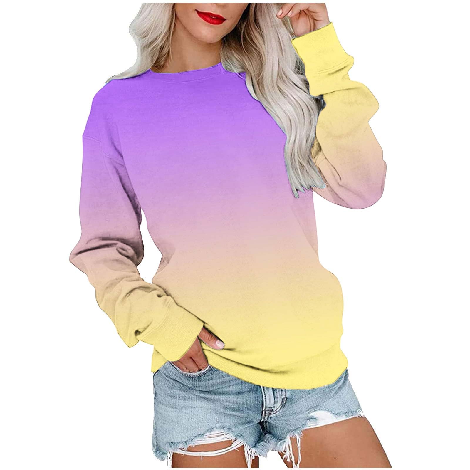 Bright Color Block Sweatshirt for Women Fall Ombre Tie Dye Crewneck Sweatshirt Casual Long Sleeve Plus Size Tops Pullover