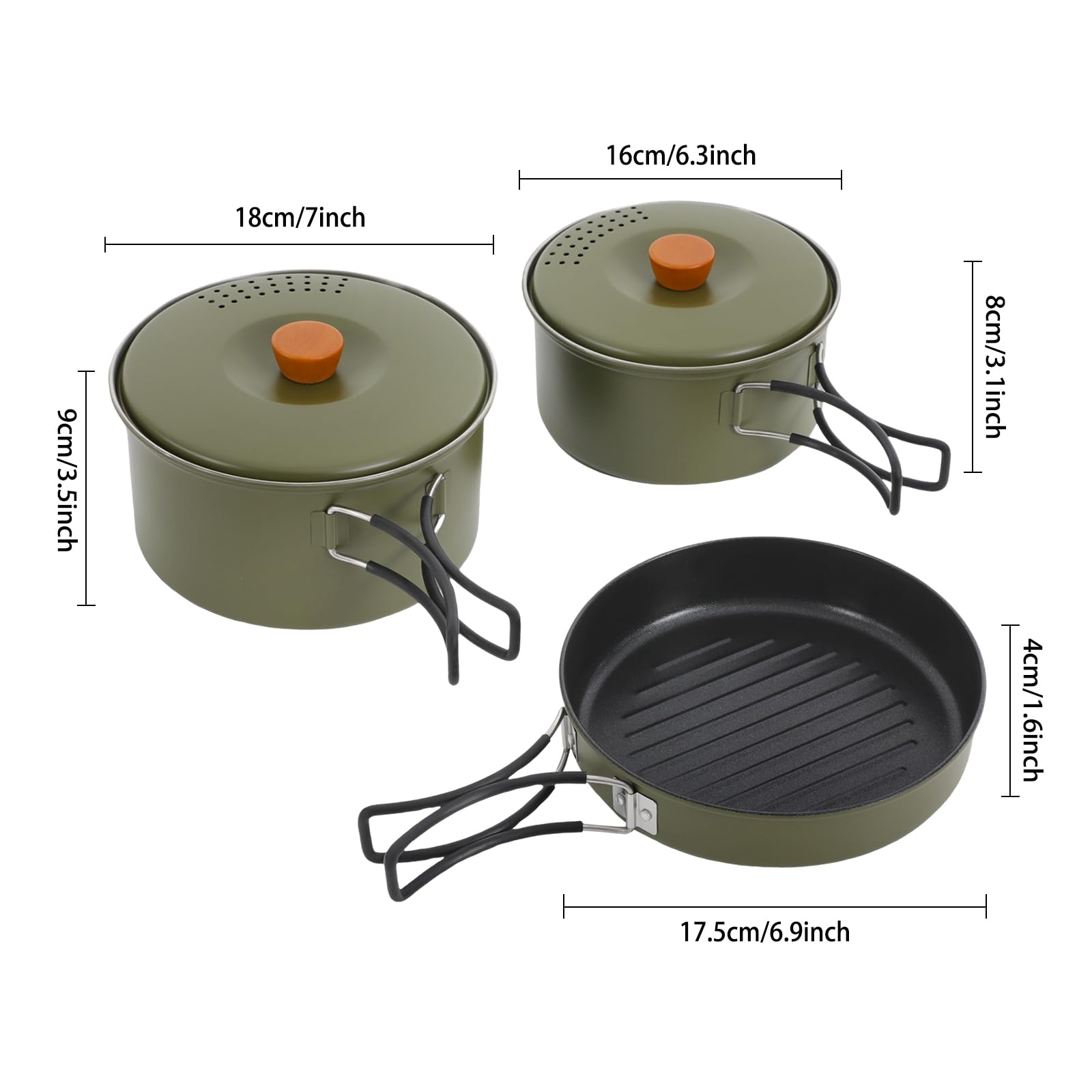 Camping Cookware Mess Kit, 7/6.9/6.3 Inch Lightweight Pot Pan Overlapped Stainless Steel Campfire Cooking Pots and Pans with Travel Tote Bag for Home RV Boat Camping Hiking and Picnic - Green