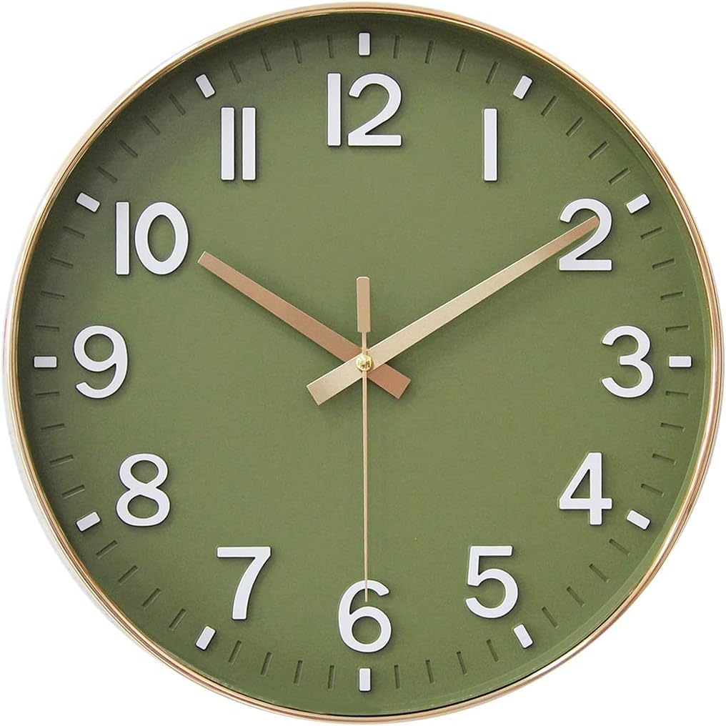 ginoya brothers Non-Ticking Wall Clock Silent Battery Operated Round Wall Clock Modern Simple Style Decor Clock for Home/Office/School/Kitchen/Bedroom/Living Room (1 to 12 Green)