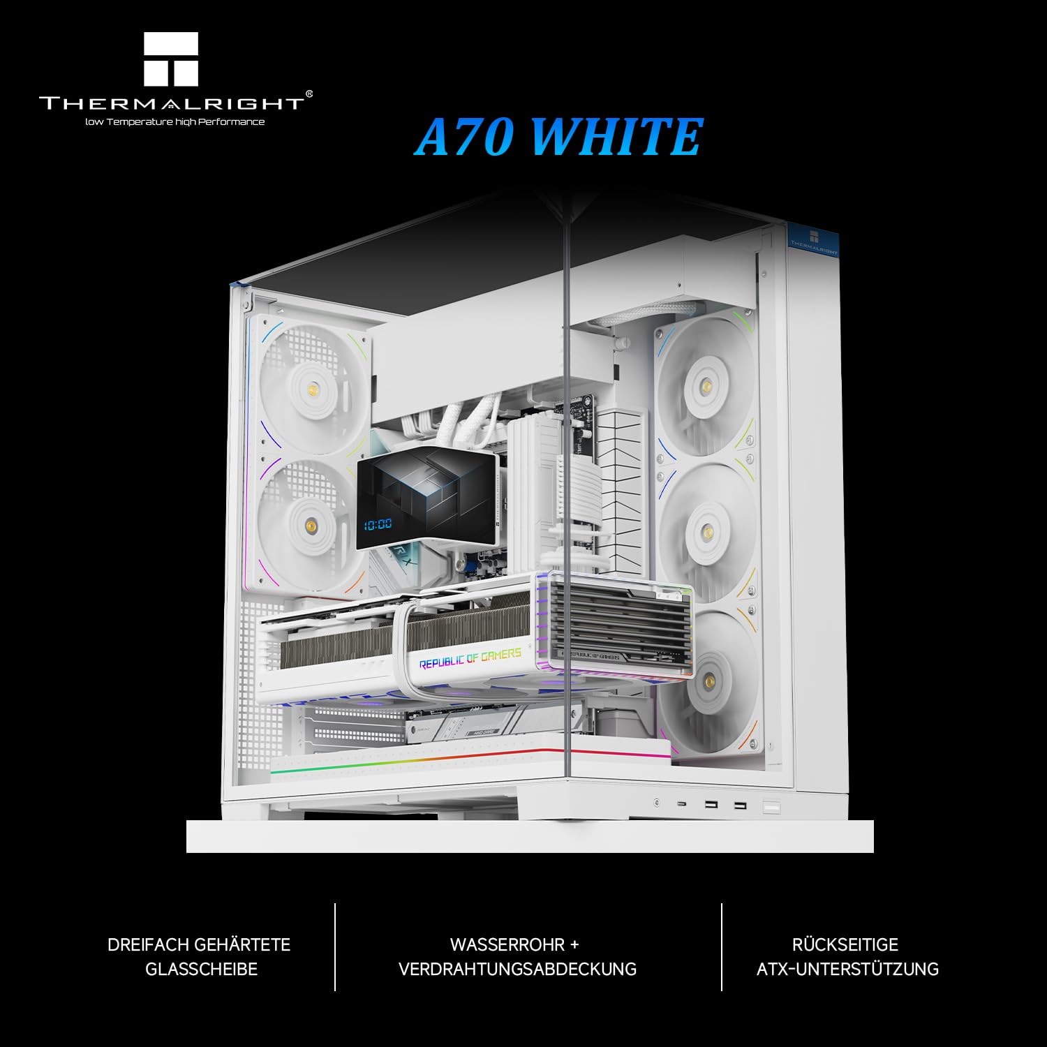 TR Caja de ordenador blanca A70, de malla de alto rendimiento, ventilación y montaje de disco duro múltiple, ideal para el montaje DIY y estaciones de trabajo profesionales, con excelente disipación