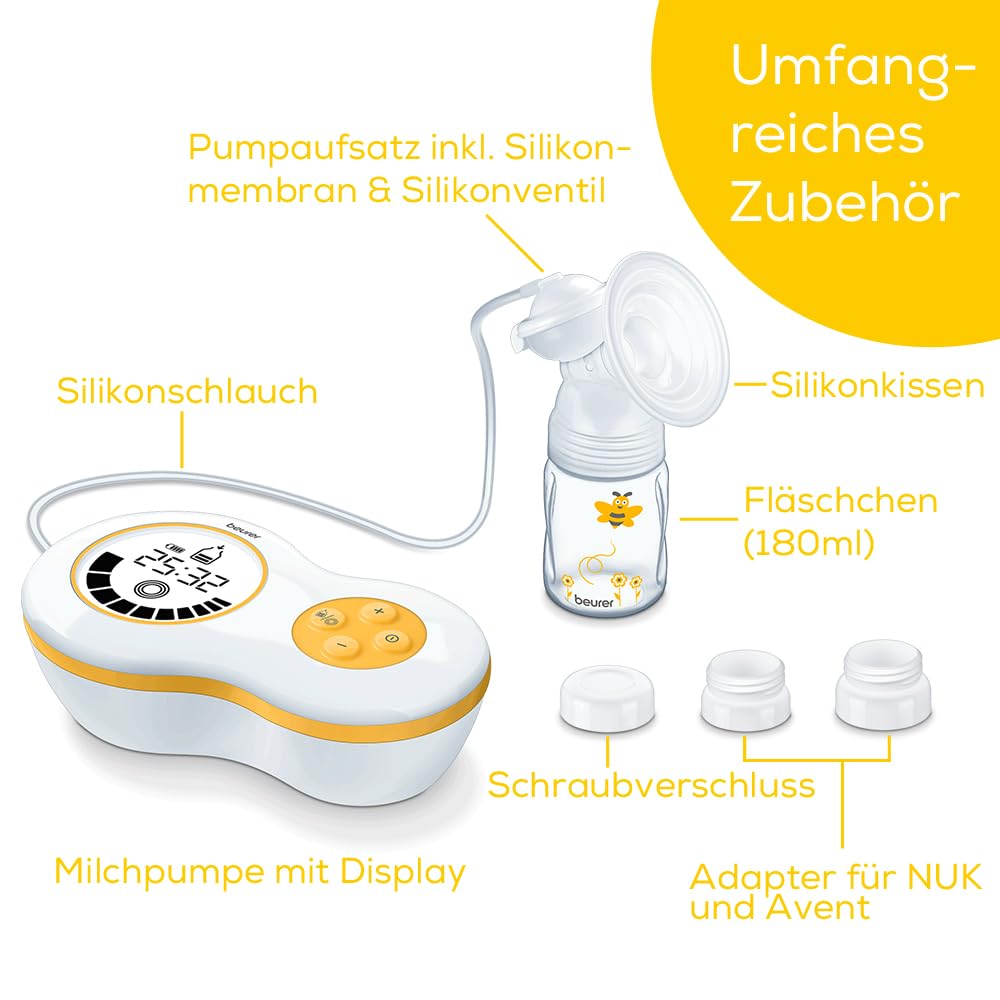 Beurer BY 40 elektrische Milchpumpe mit Stimulationsmodus und Memory-Funktion, inkl. Avent- und NUK-Adapter