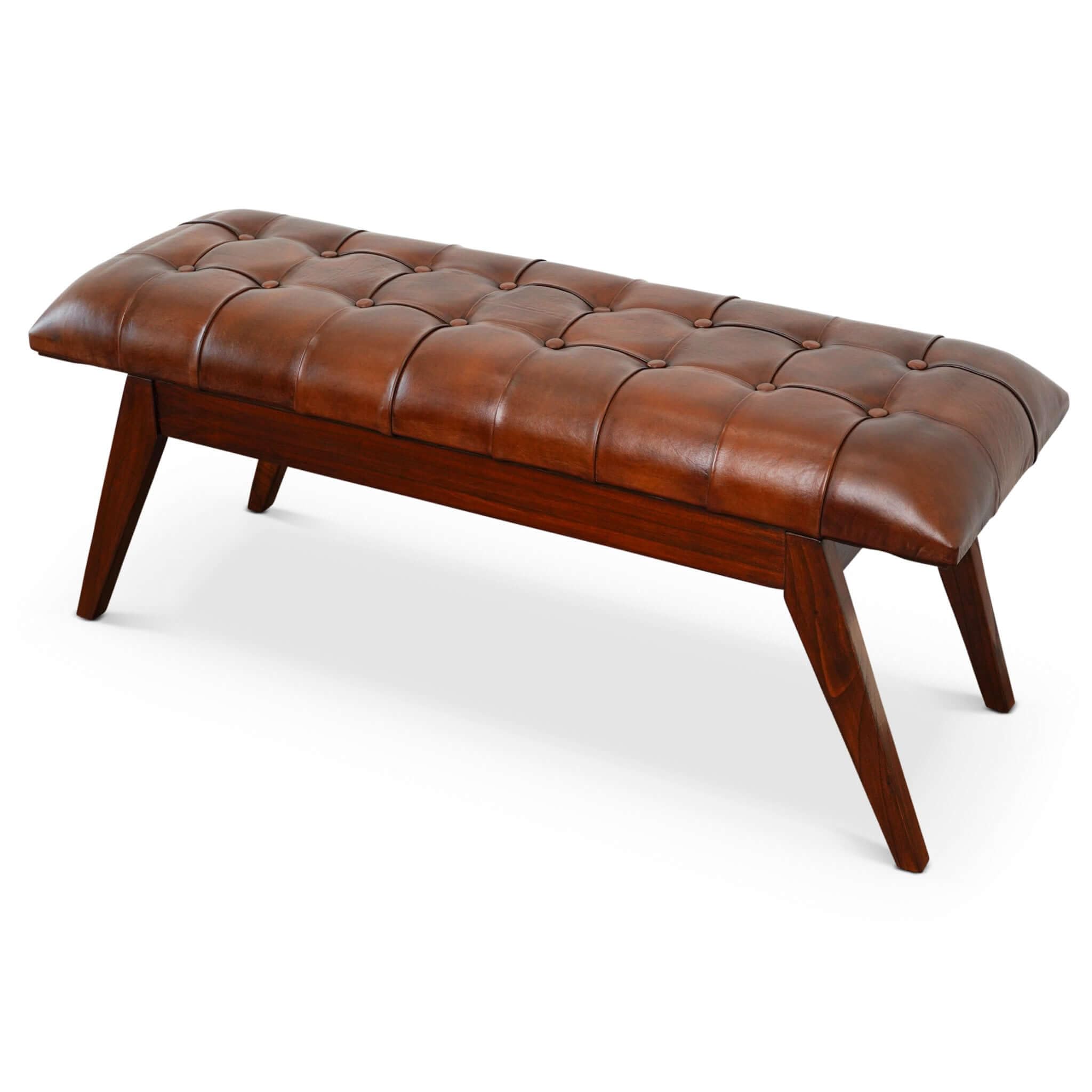 Mid Century Modern Tan Leather Bench