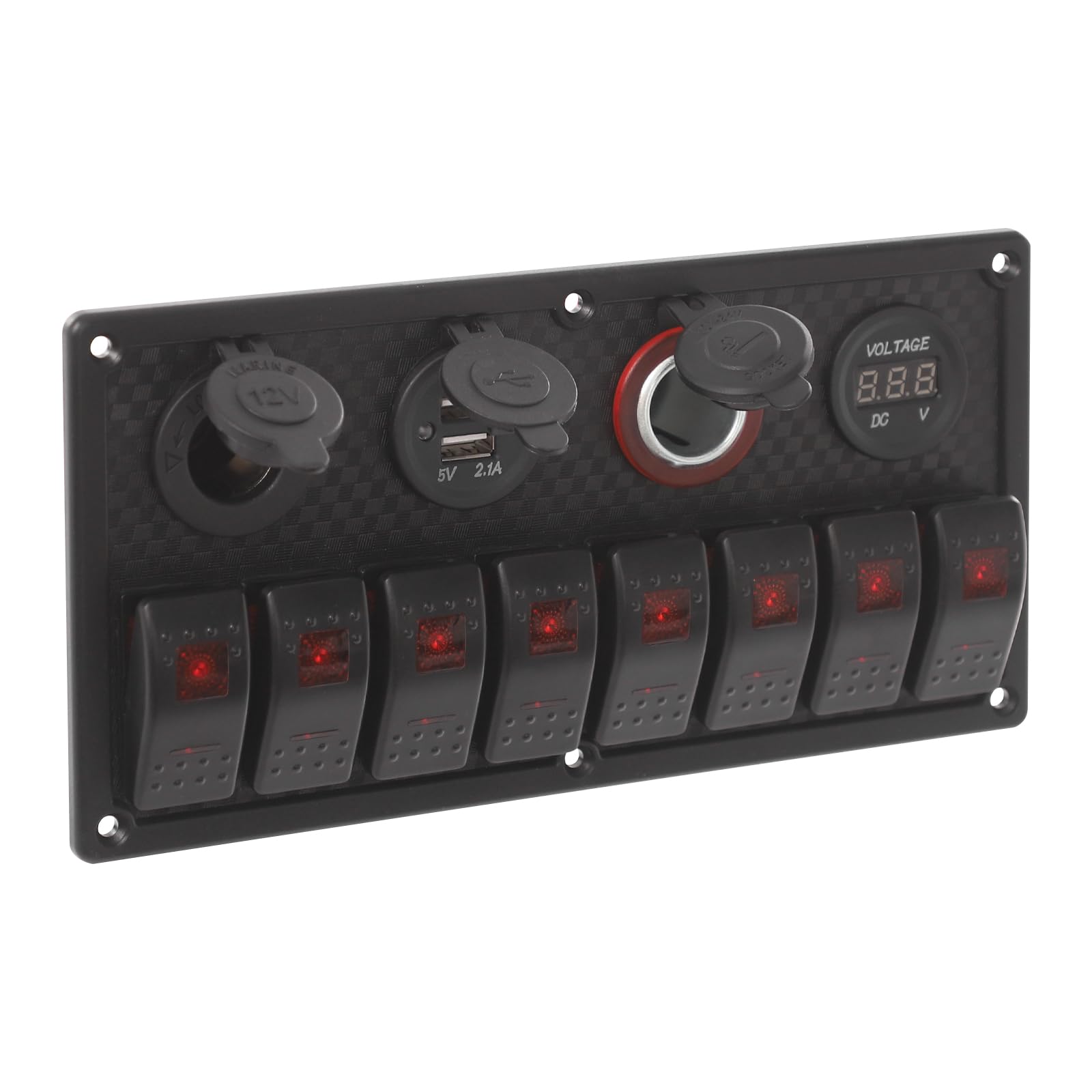 8 x wodoszczelny panel przełączników 12 V 24 V z woltomierzem i podwójnym USB, IP65, przełącznik dźwigienkowy, panel do łodzi, jachtów, samochodów kempingowych – czarny